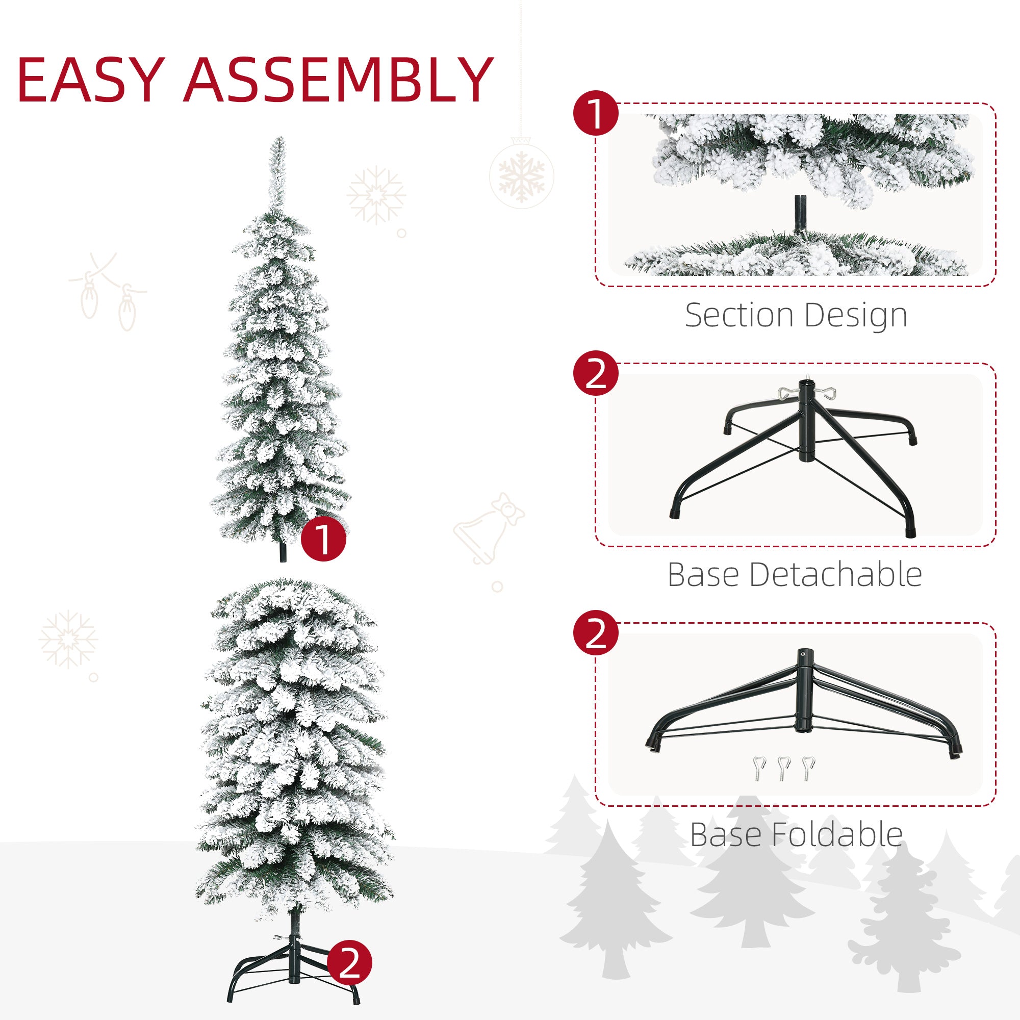 6' Tall Unlit Slim Pencil Xmas Tree, Snow Flocked Artificial Christmas Tree with Realistic Branches and 603 Tips, Green