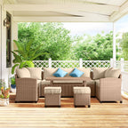6 Piece Patio Furniture Set, PE Wicker Outdoor Furniture Conversation Set with 3 Sofas, 2 Ottomans and Slatted WPC Top Dining Table, All Weather Sectional Sofa Couch with Pillows, Khaki