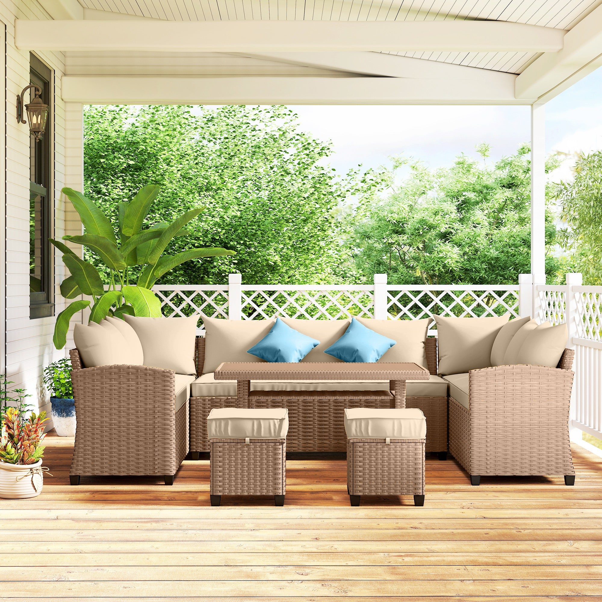 6 Piece Patio Furniture Set, PE Wicker Outdoor Furniture Conversation Set with 3 Sofas, 2 Ottomans and Slatted WPC Top Dining Table, All Weather Sectional Sofa Couch with Pillows, Khaki