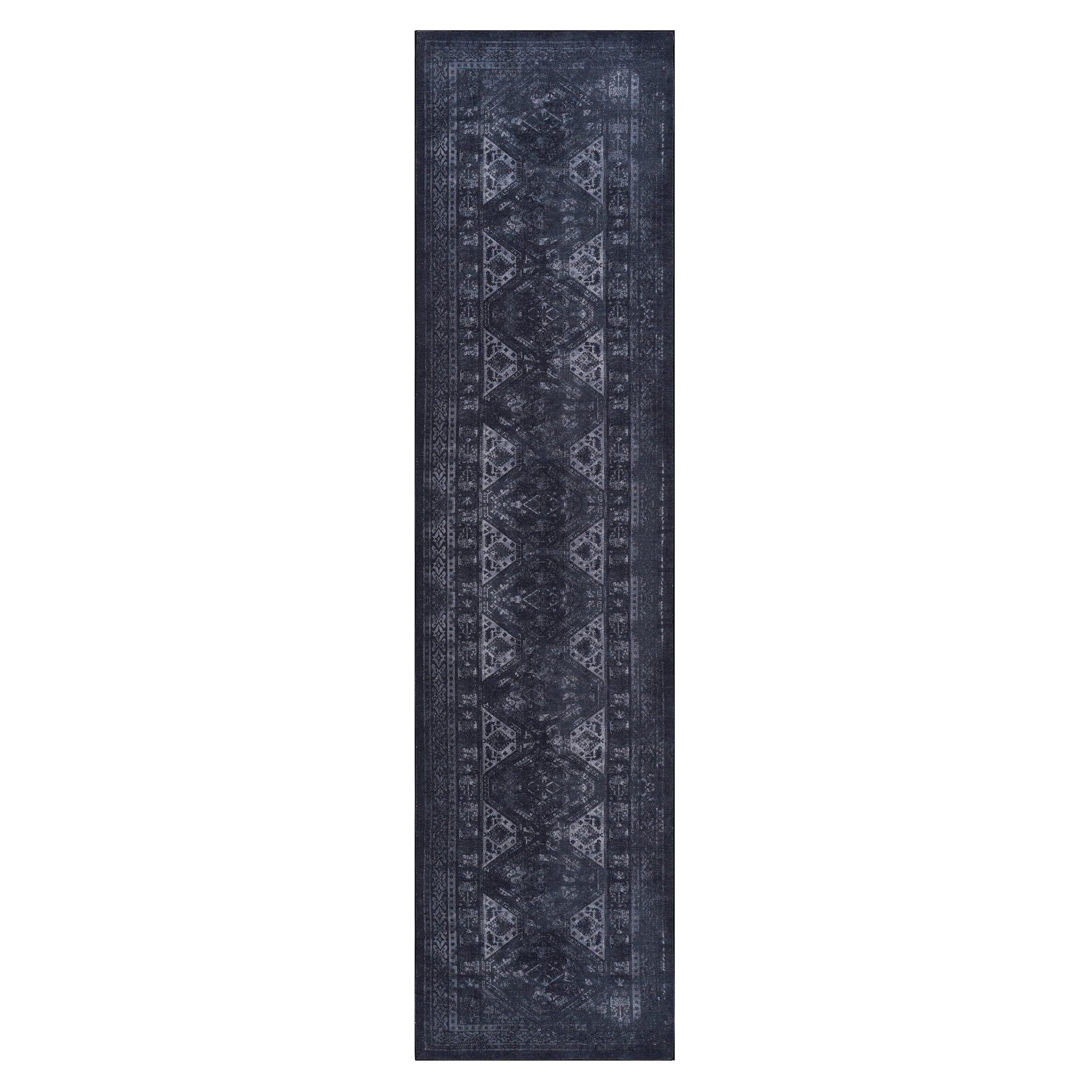 2x10 Low-Pile Non-Slip Non-Shedding Washable Area Rug, Kid and Pet Friendly, Foldable for Living Room, Bedroom, Dining Room, Black+Gray