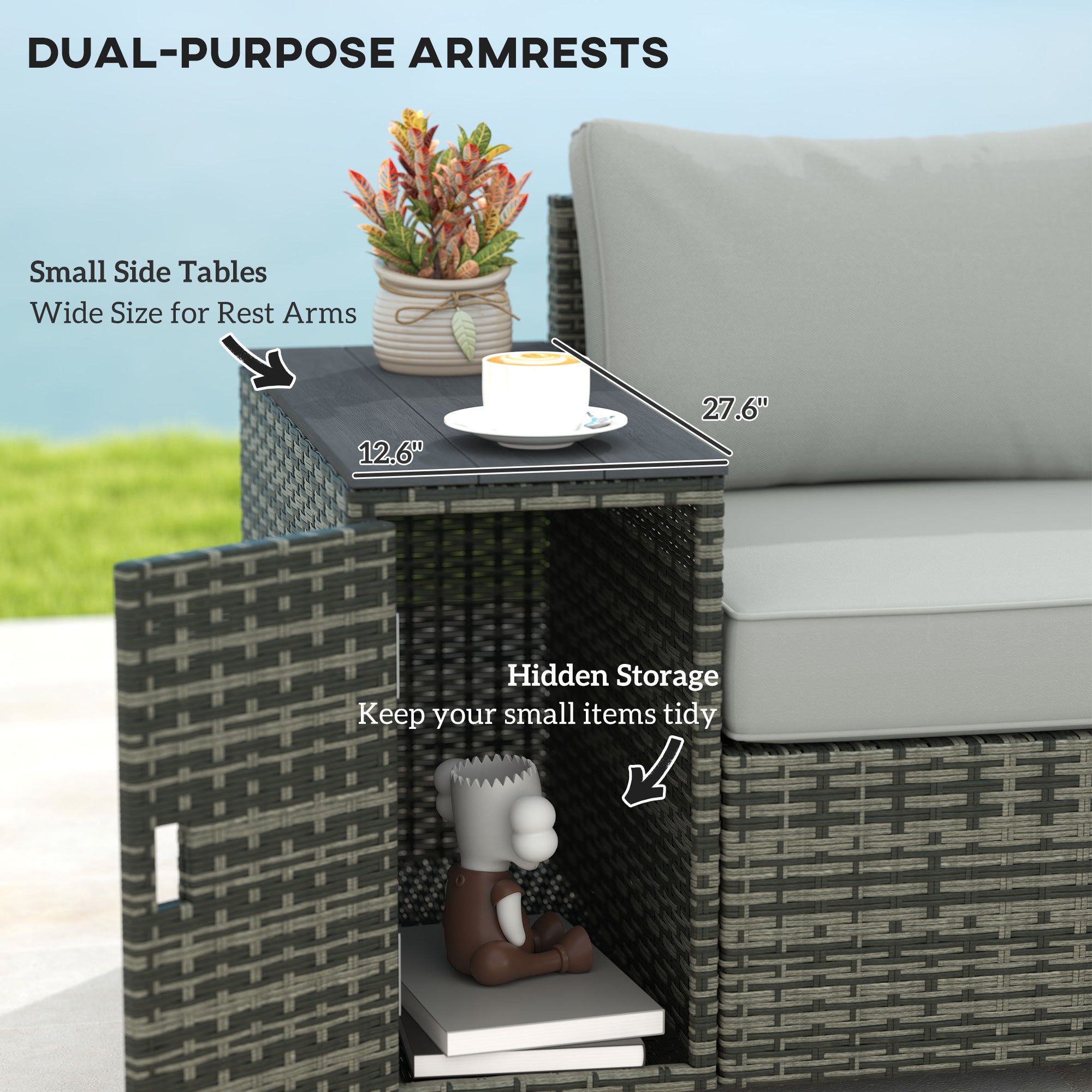 3 Seater Wicker Outdoor Couch Patio Sofa with Storage, Thickened Cushions and Wide Armrests for Porch Yard, Gray