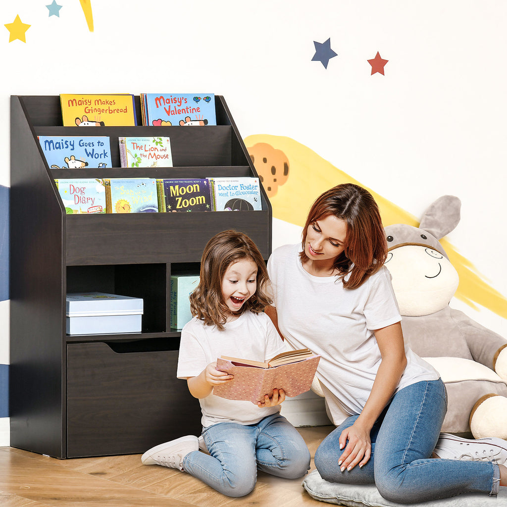 Kids Bookcase Multi-Shelf Book Rack with Mobile Drawer for Books, Toy,Brown
