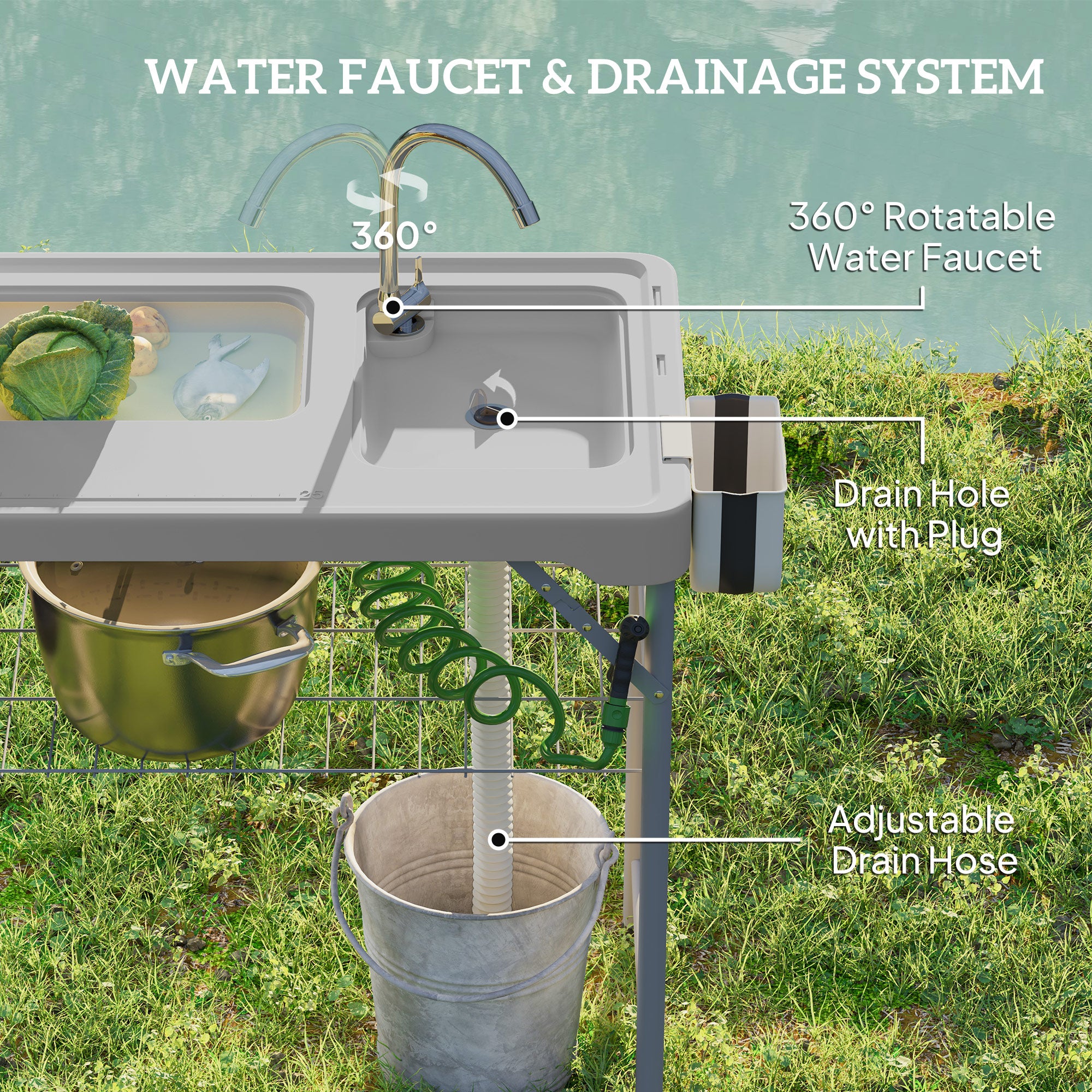 Folding Fish Cleaning Table with Sinks, Portable Camping Sink Table with Faucet, Drainage Hose, Sprayer, Shelf, Drawer and Storage Basket, Outdoor Fillet Table for Picnic Beach Patio, Gray