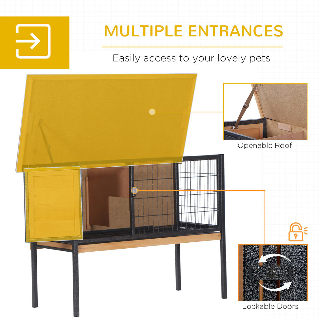 Rabbit Hutch Elevated Bunny Cage Small Animal Habitat with Metal Frame, No Leak Tray, Metal Wire Pan, Openable Water-Resistant Asphalt Roof for Rabbits, Chickens, Ducks, Indoor/Outdoor Natural