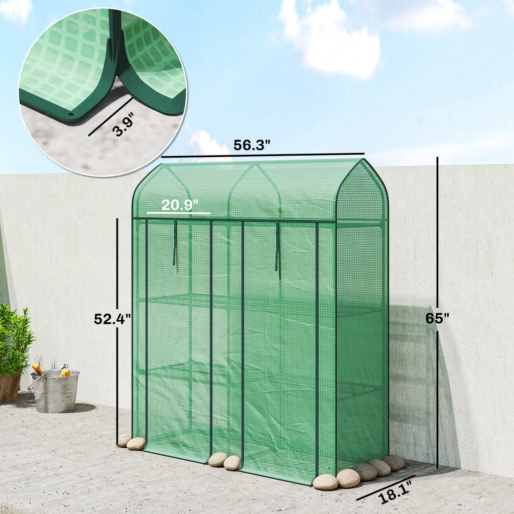 3 Tier Mini Greenhouse, Small Portable Greenhouse with 2 Roll-up Doors, 56.3" x 18.1" x 65", Green