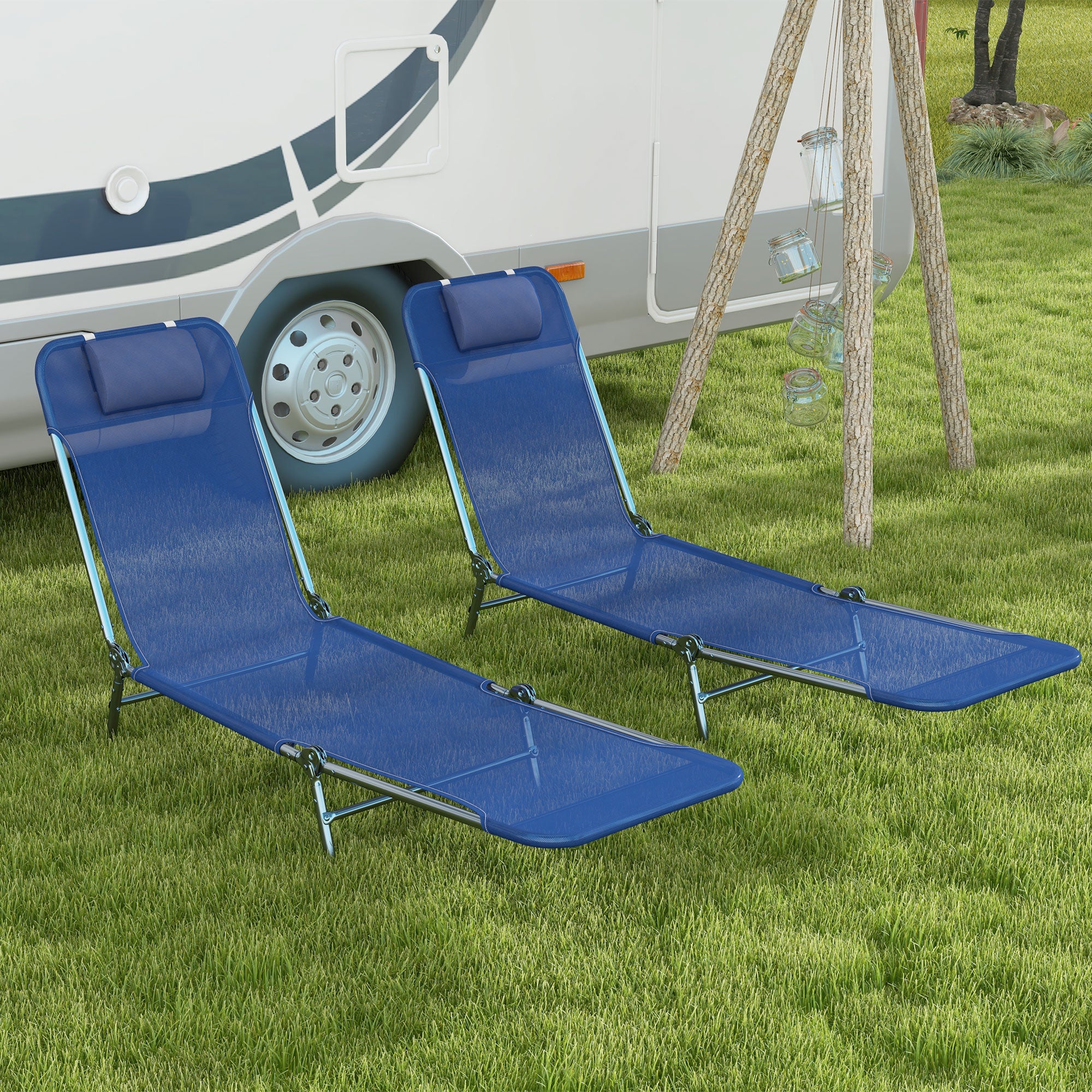 2 Piece Sun Loungers, Folding Chaise Lounge Chairs with Reclining Back, Breathable Mesh Seat, Headrest, Dark Blue