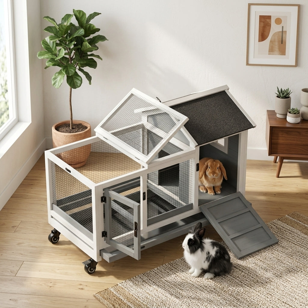 Wooden Rabbit Hutch with Wheels, Run, Slide-out Tray for Small Animals, Guinea Pig, Blue