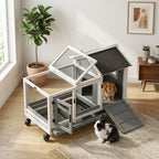 Wooden Rabbit Hutch with Wheels, Run, Slide-out Tray for Small Animals, Guinea Pig, Blue