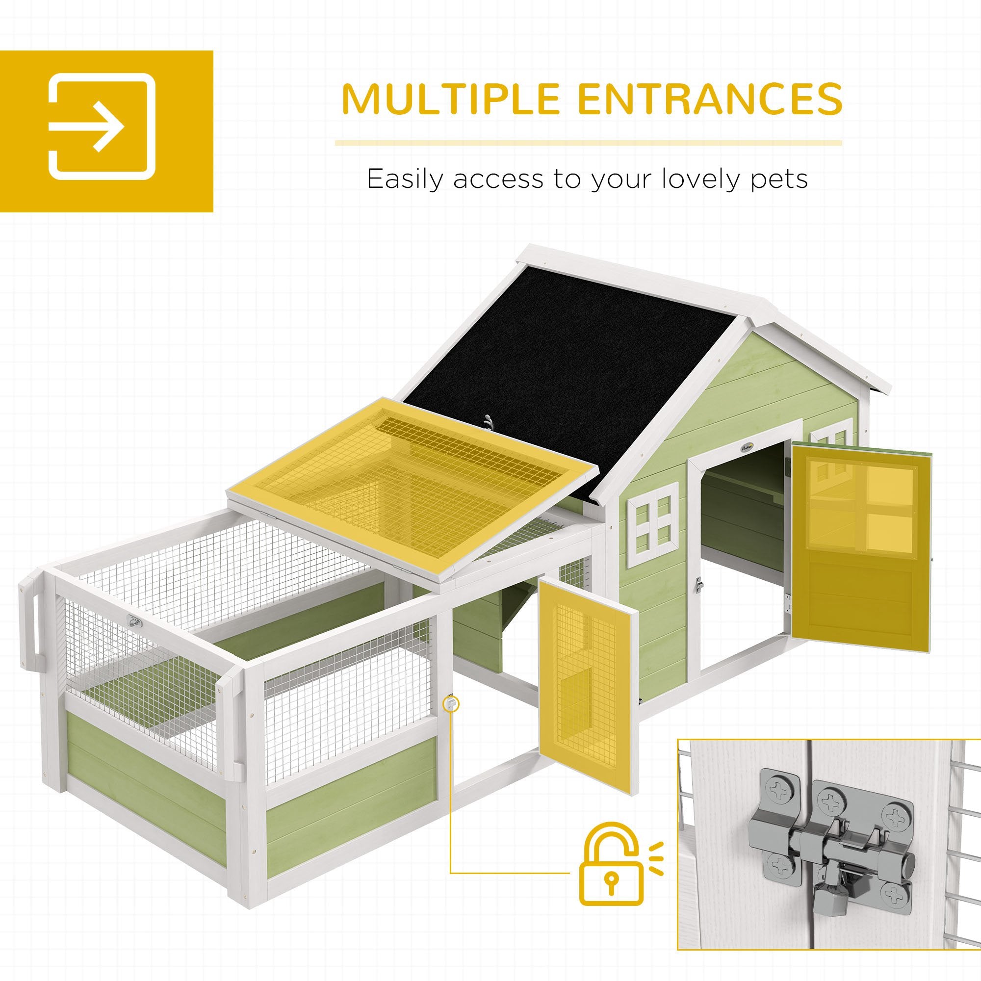 64 Inch Rabbit Hutch with Asphalt Roof, Handle, Wheels, Multicolo