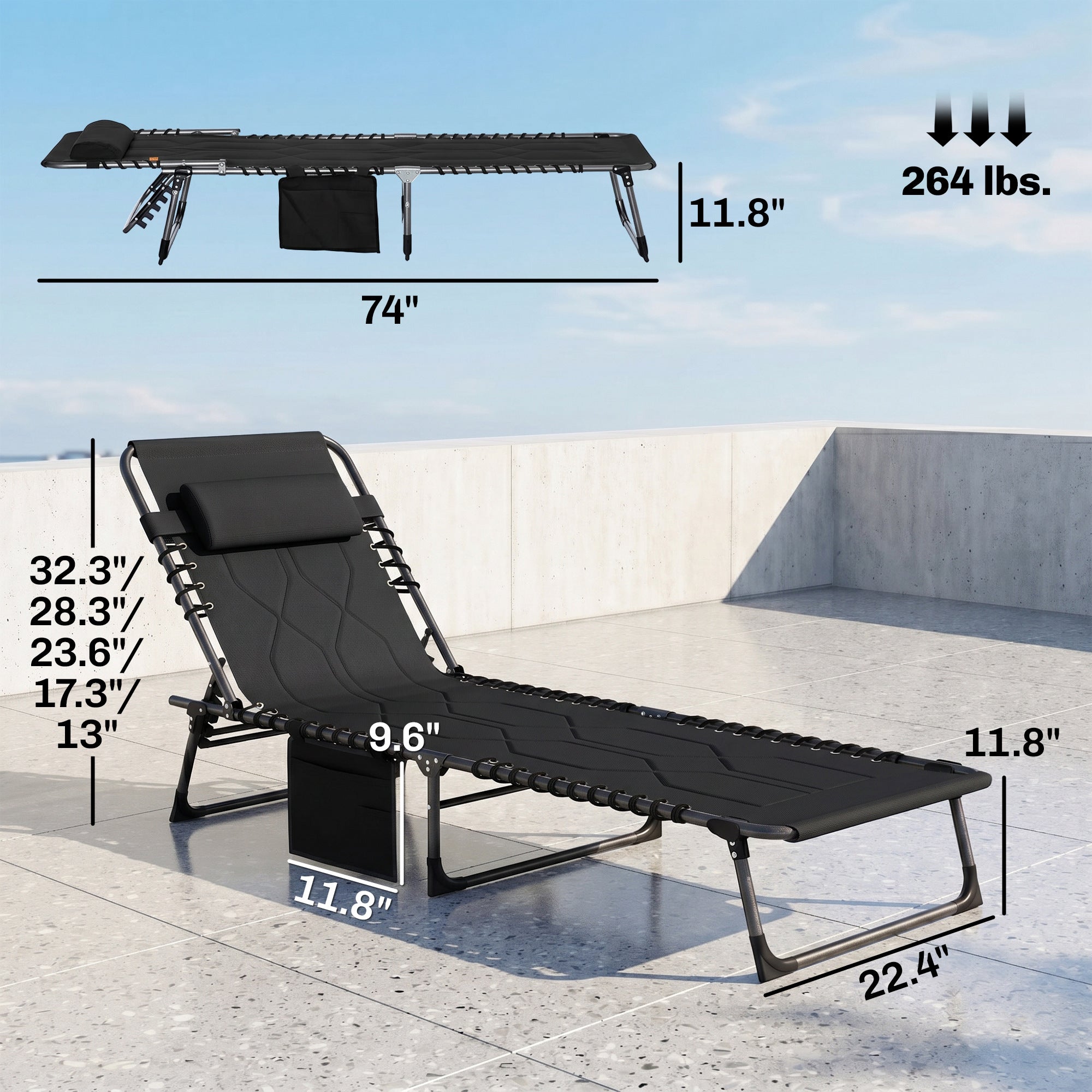 Padded Folding Chaise Lounge Chair, Outdoor 6-Level Reclining Camping Tanning Chair with Headrest for Beach, Yard, Patio, Pool, Black
