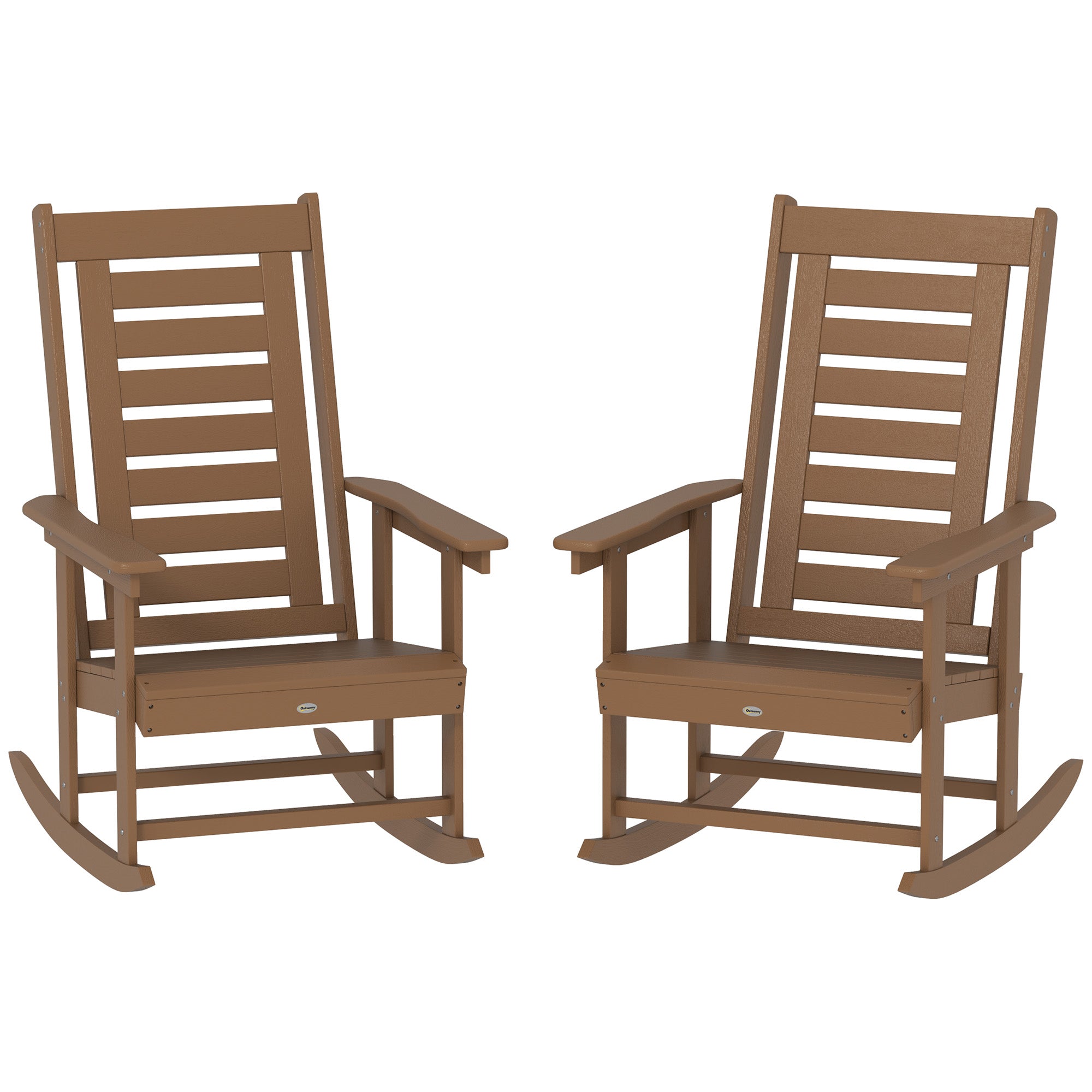 2 Pieces Outdoor Rocking Chairs, HDPE Patio Rockers with 28" High Back, Wide Armrests for Porch Backyard, Brown