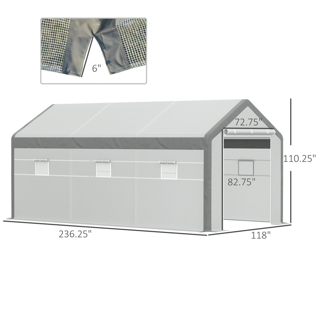 20' x 10' x 9' Walk-in Greenhouse, Outdoor Garden Warm Hot House with 6 Roll-up Windows, 2 Zippered Doors and Weather Cover, White