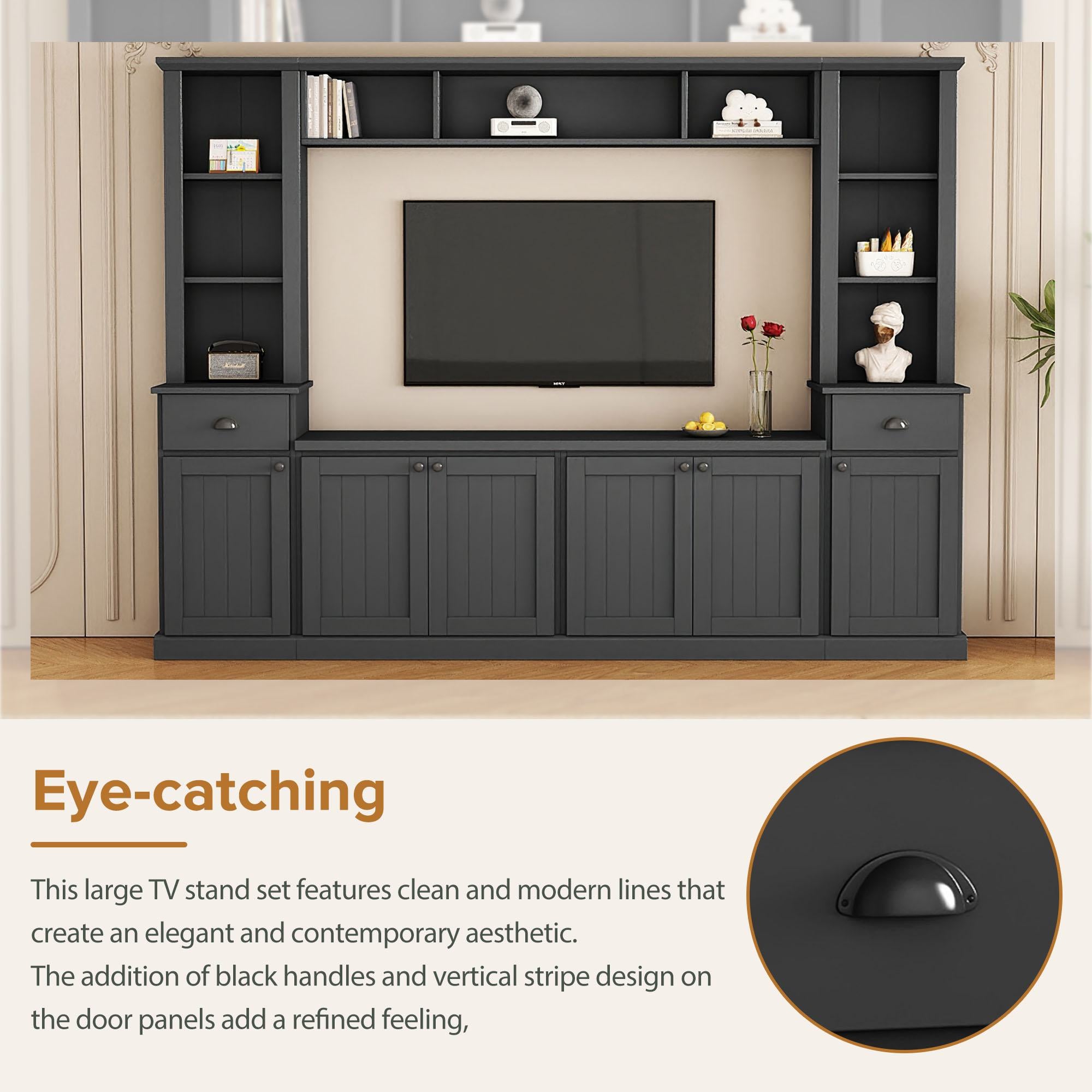 Minimalist Storage TV Stand for TVs Up to 75" with Adjustable Shelves, Entertainment Wall Unit Set for Living Room, 103" L x 15" W x 77" H, Black