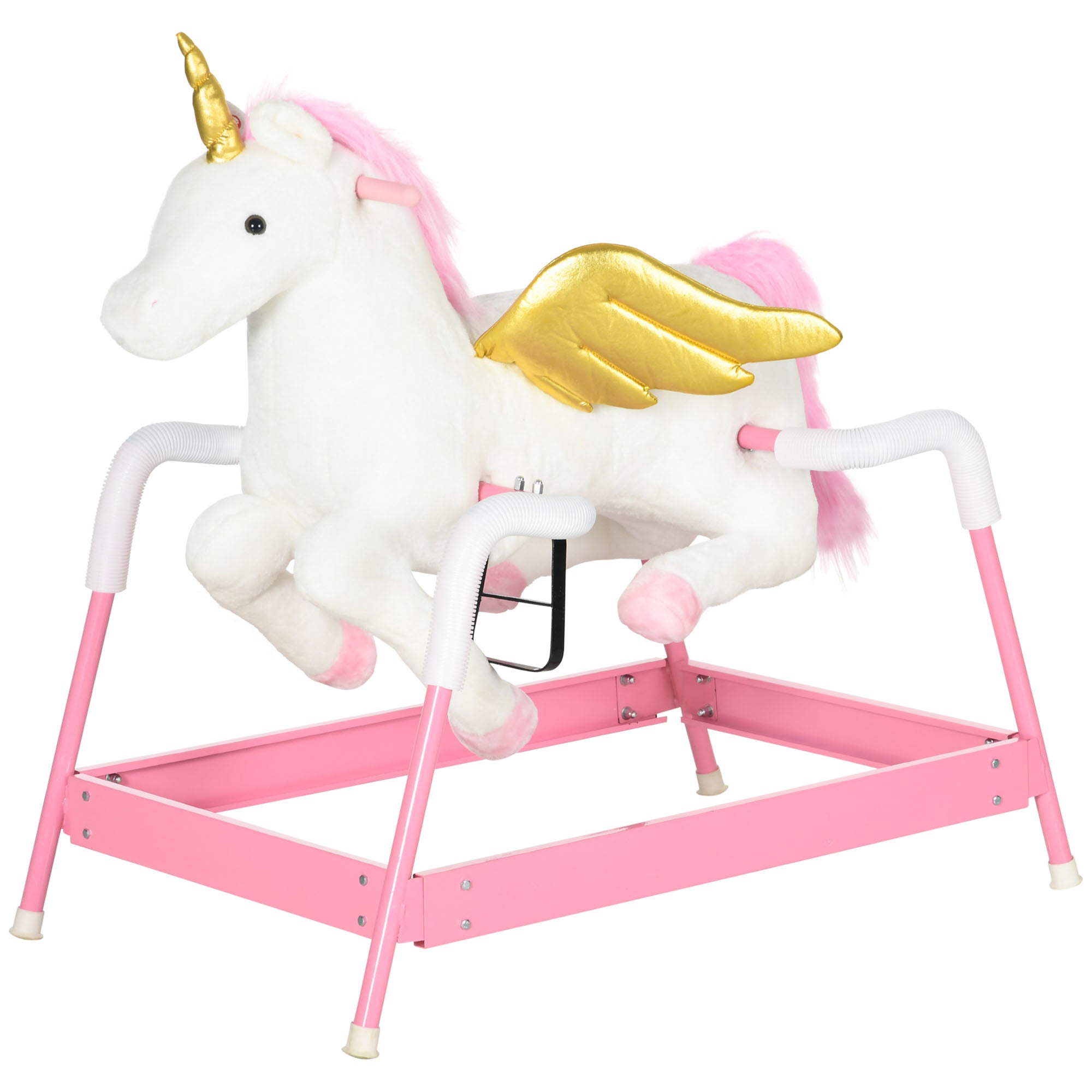 Kids Spring Rocking Horse Unicon, Ride on Horse for Girls and Boys with Sounds, Plush Animal Ride-on Toy with Soft Feel, Interactive Toy for Kids, Pink