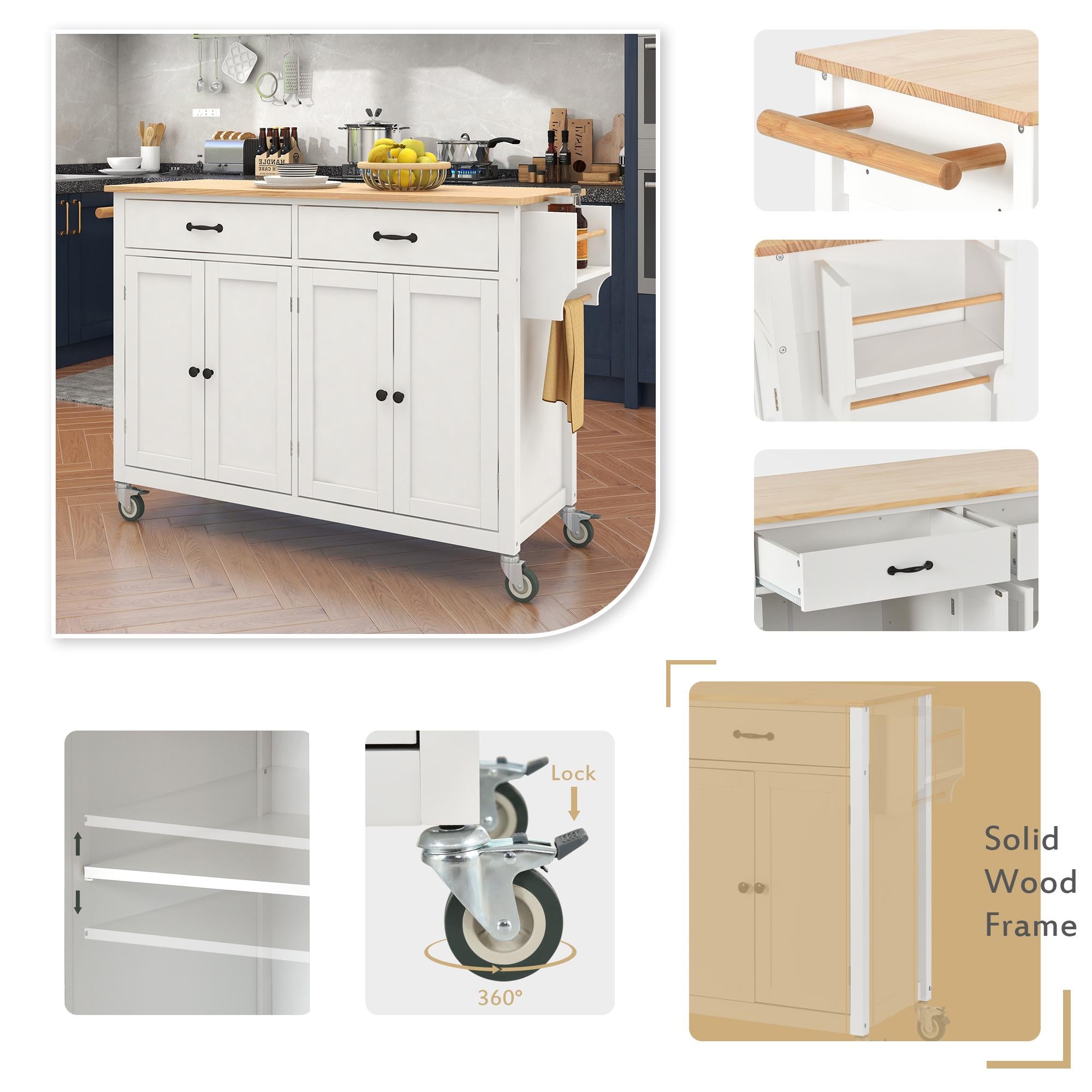 Kitchen Island Cart with 4-Door Cabinet, 2 Drawers, Solid Wood Top, Spice and Towel Racks, Locking Wheels, 54.5" L x 18.5" W x 36" H, White