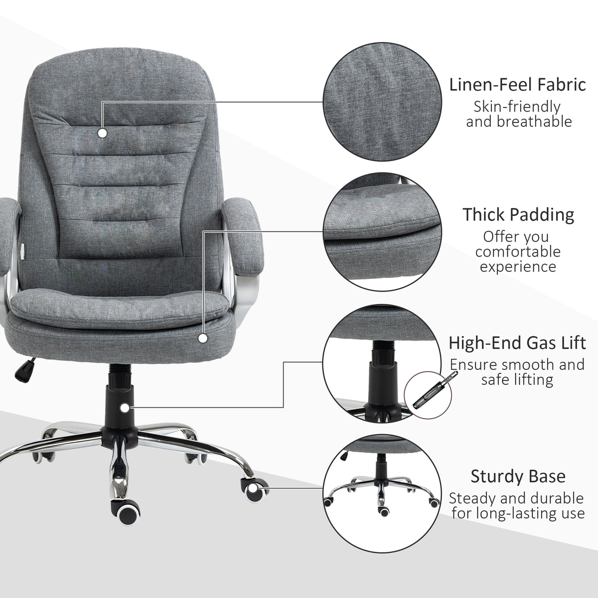 High Back Home Office Chair Executive Computer Chair with Adjustable Height, Upholstered Thick Padding Headrest and Armrest - Grey