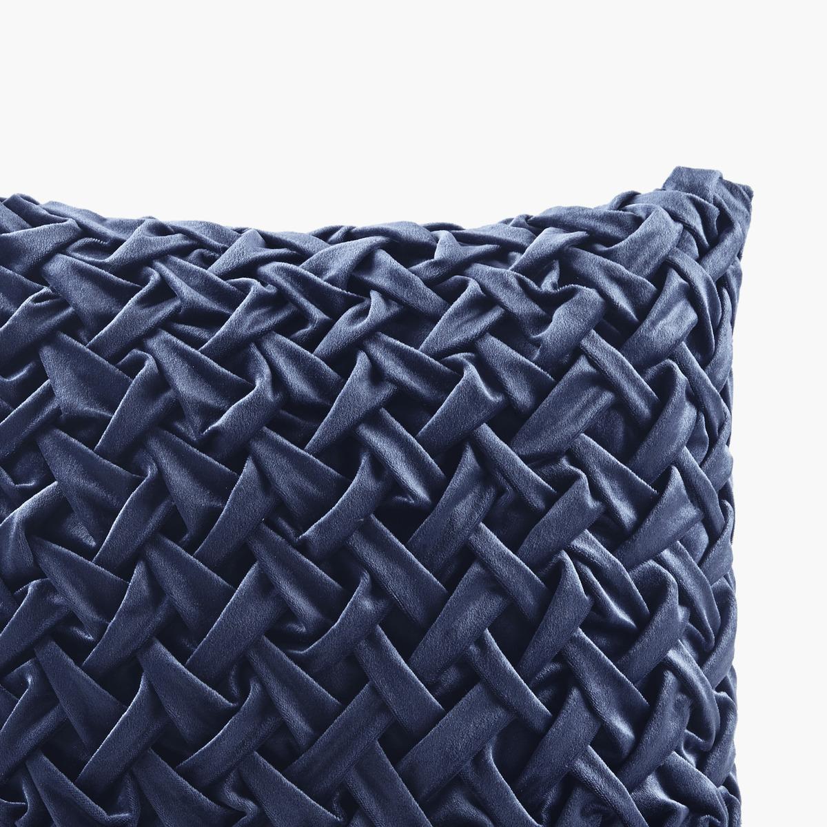 Velvet Ruched Square Decor Pillow with Removable Goose Feather Insert, Luxury Metal Zipper, Ideal for Sofa, Bed, 20" L x 20" W x 5" H, Navy