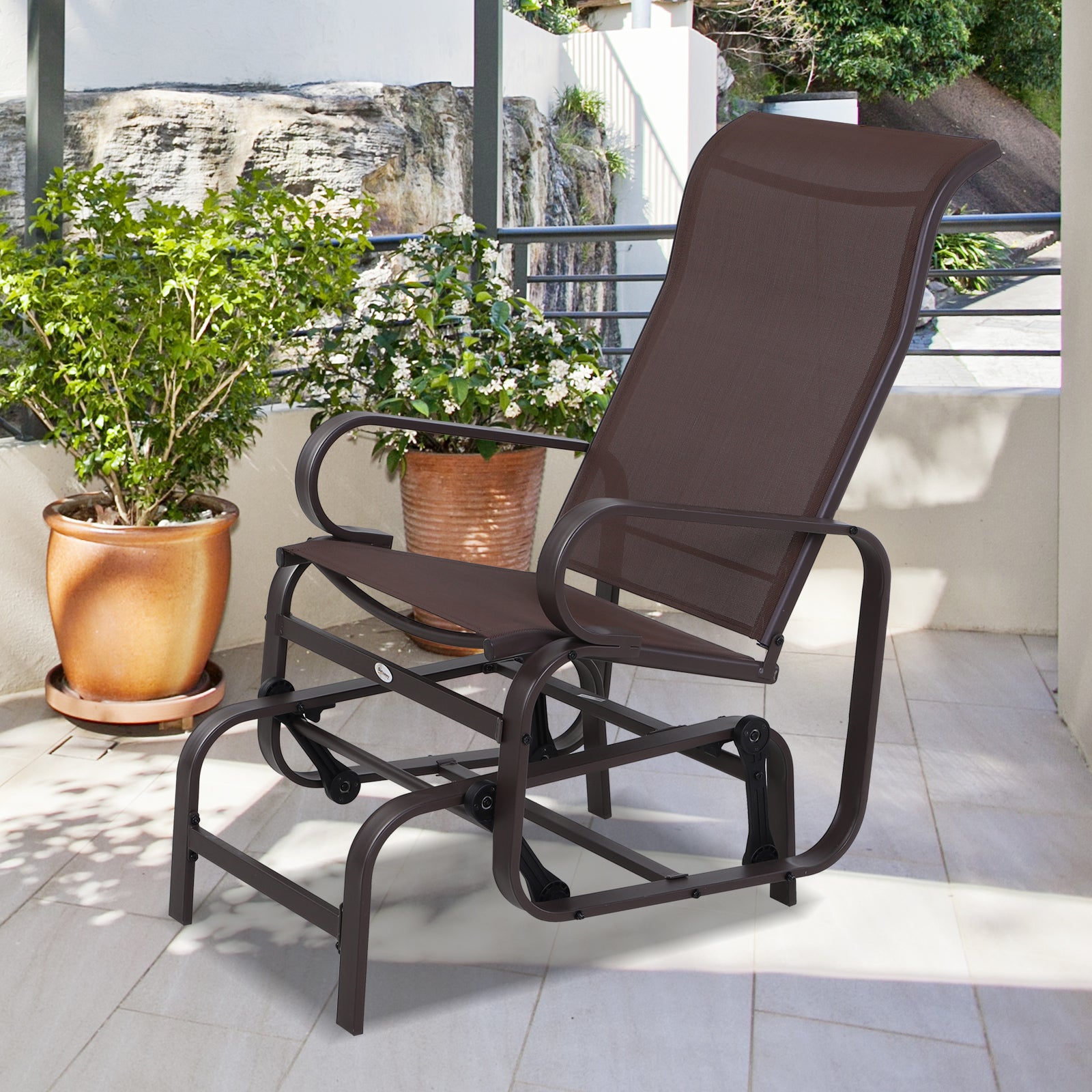 1-Person Outdoor Glider Swing, Single Rocker, Ergonomic Head Support, with Lightweight Metal & Mesh Construction, Supports Up to 352 lbs., for Backyard, Garden, Porch, Brown