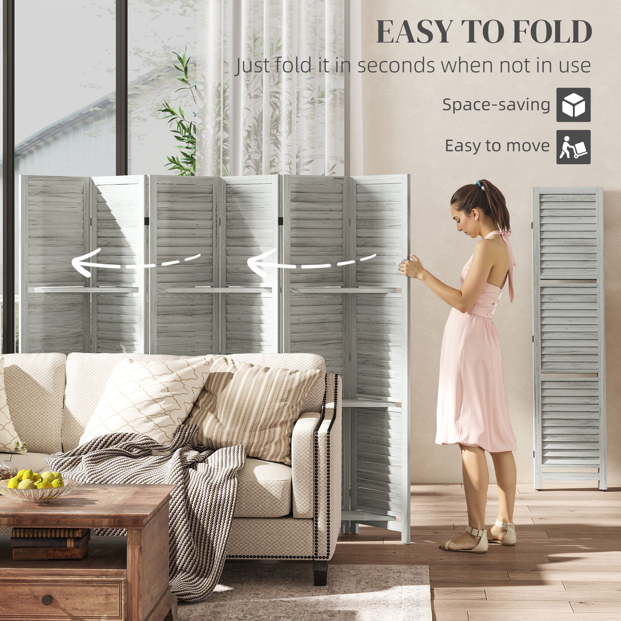 6 Panel 67" Tall Wood Privacy Screen Room Divider with 3 Shelves and Folding Storage for Bedroom, White