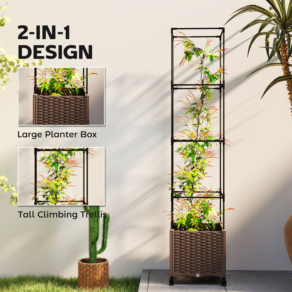 Raised Garden Bed with Trellis, Tomato Cage with Lockable Wheels, Self Watering Planter Box with Drainage Holes, Brown
