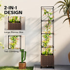 Raised Garden Bed with Trellis, Tomato Cage with Lockable Wheels, Self Watering Planter Box with Drainage Holes, Brown