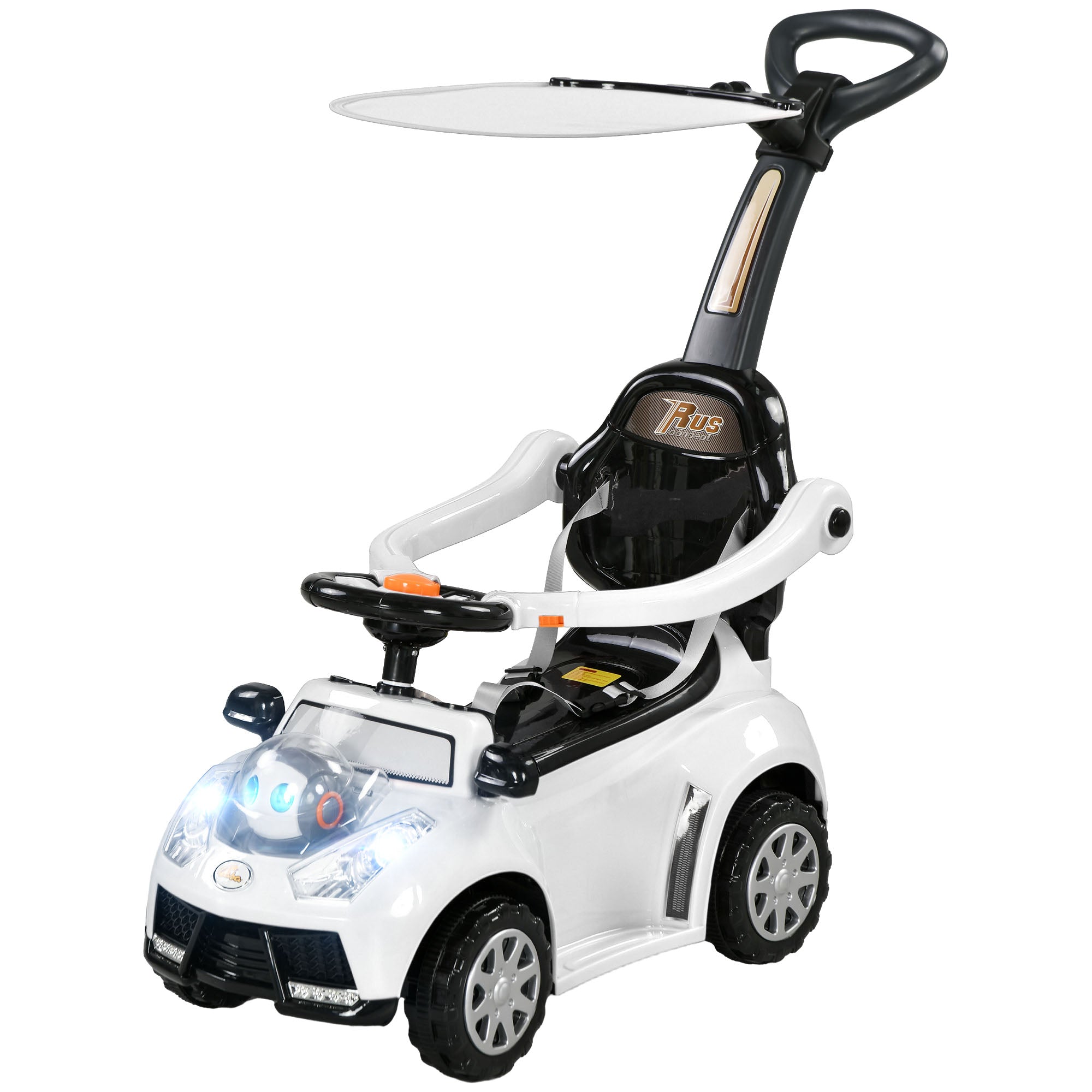 3 in 1 Push Car Sliding Car with Removable Handle, Music, Horn, Canopy, Safety Guardrail, White