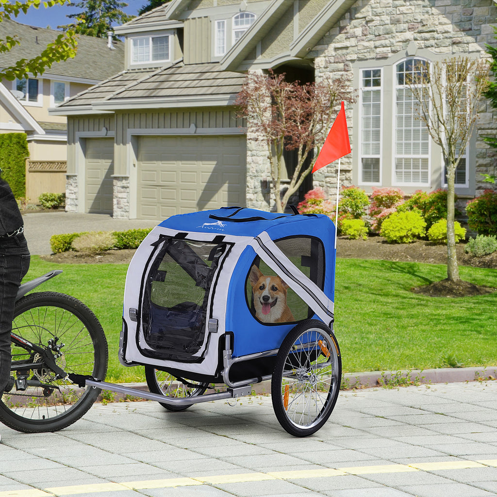 Dog Bike Trailer, Pet Wagon Bicycle Trailer with Easy Folding Cart Frame, 20" Large Rubber Wheels, 3 Entrances, Mesh Screen, Pet Bike Trailer for Off-Road & Travel, Blue and White