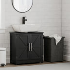 Farmhouse Pedestal Sink Storage Cabinet, Bathroom Sink Cabinet with 2 Barn Doors and Adjustable Shelf, Distressed Black