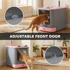 Cat Litter Box with Lid, Enclosed Litter Box for Medium Cats, Front-Entry and Top-Exit, Scoop, Deodorizer Bag, Pink