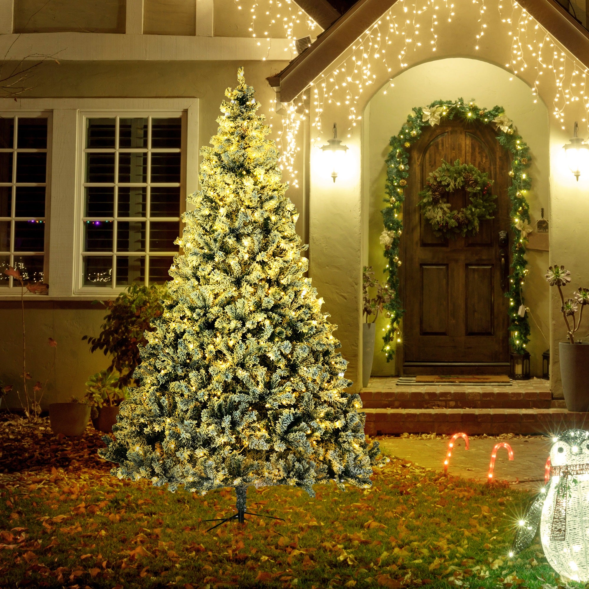 9' Artificial Snow Christmas Trees with Frosted Branches, Warm White or Colorful LED Lights, Steel Base