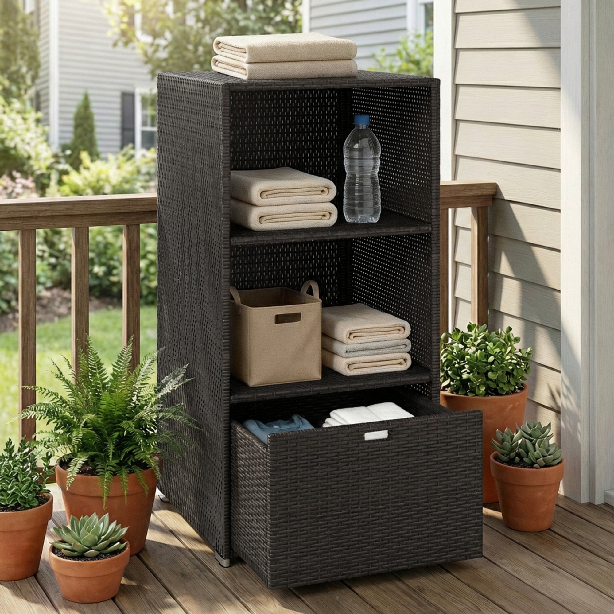 Valet Pool Towel Rack, Water-Resistant PE Plastic Rattan Wicker Storage Organizer, 2 Shelves, 1 Basket Drawer