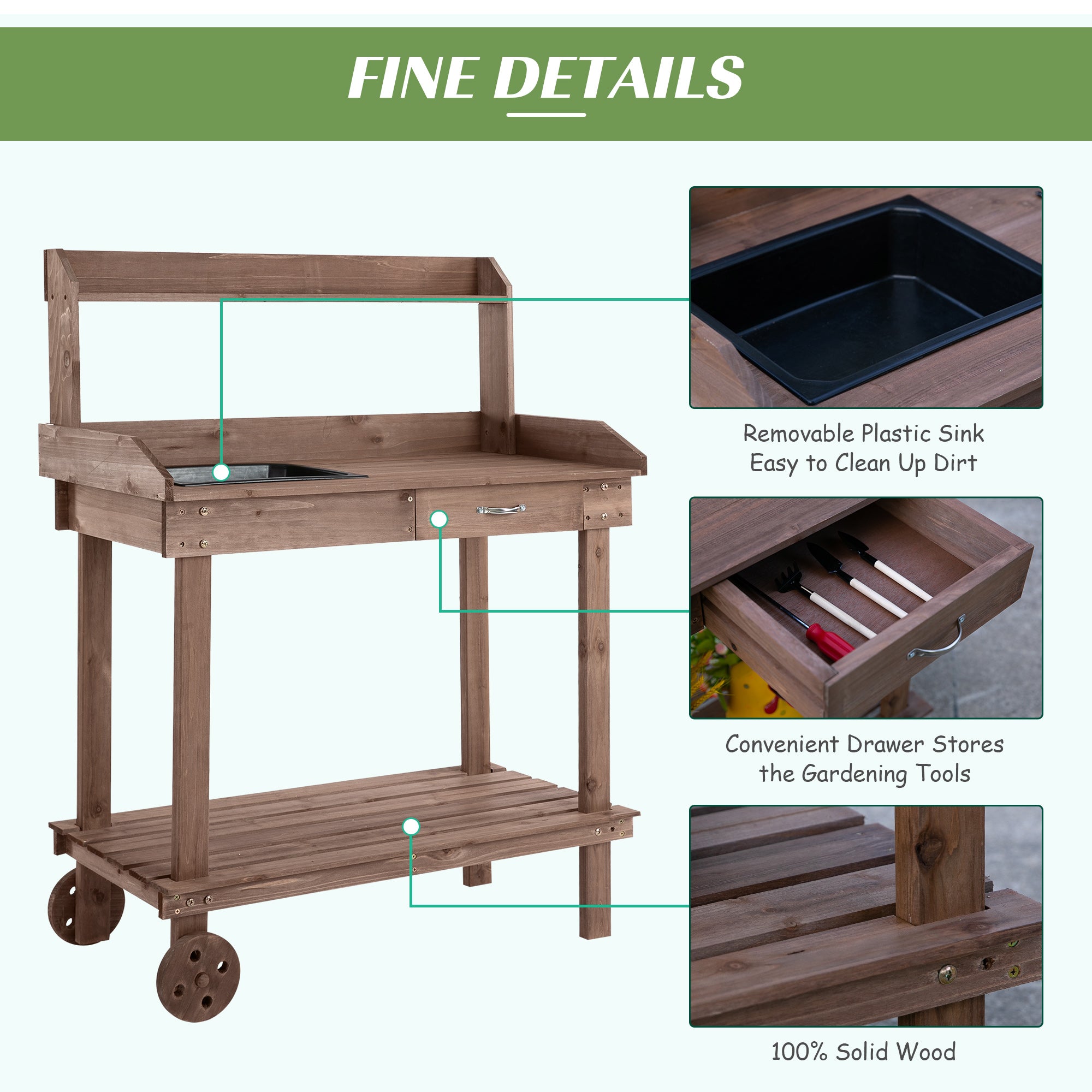 36'' Wooden Potting Bench Work Table with 2 Removable Wheels, Sink, Drawer & Large Storage Spaces, Brown