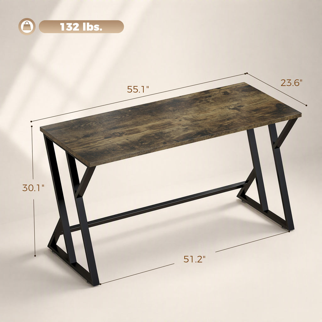 55 Inch Computer Desk, Industrial Writing Desk with Z-Shaped Metal Leg, Study Table for Home Office, Rustic Brown