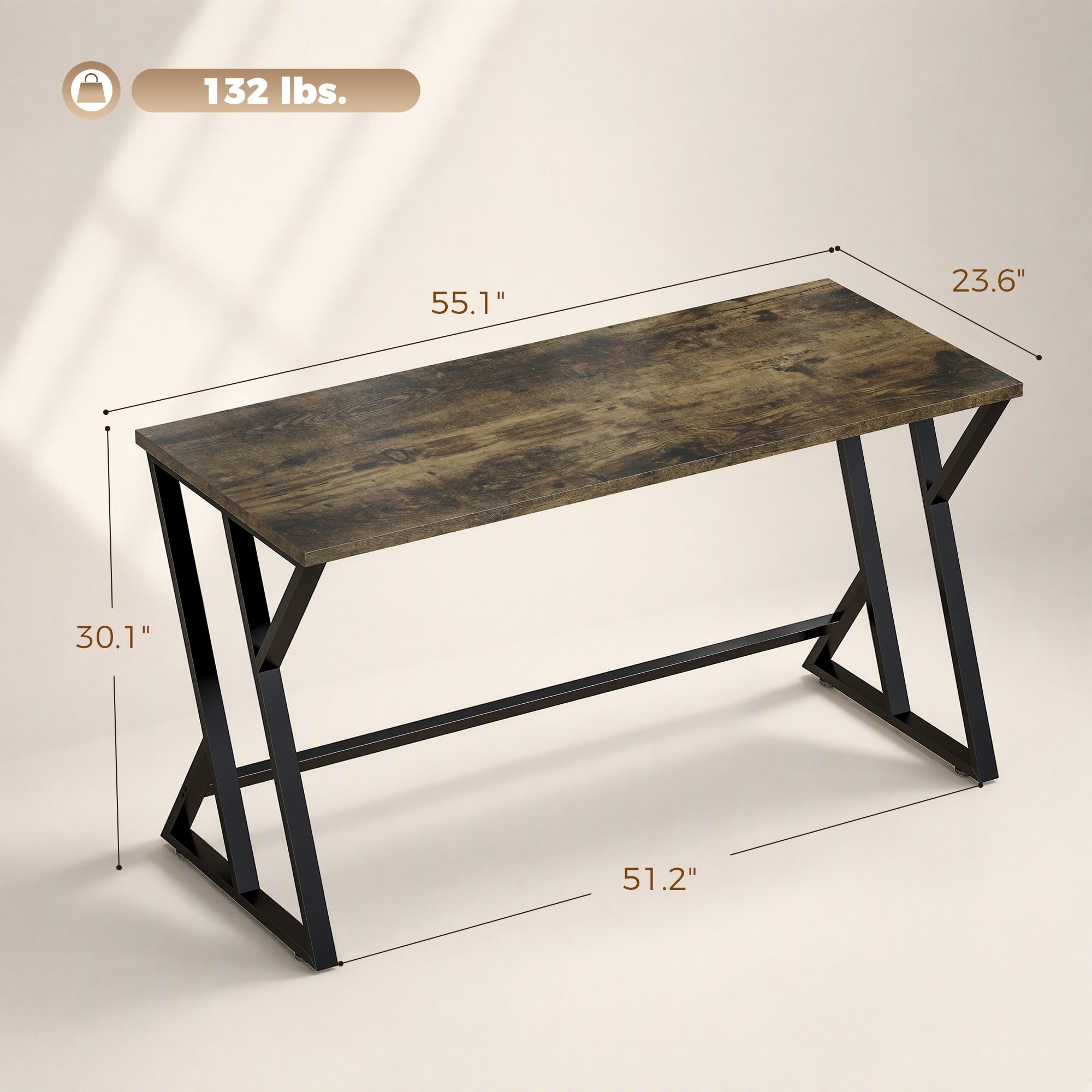 55 Inch Computer Desk, Industrial Writing Desk with Z-Shaped Metal Leg, Study Table for Home Office, Rustic Brown