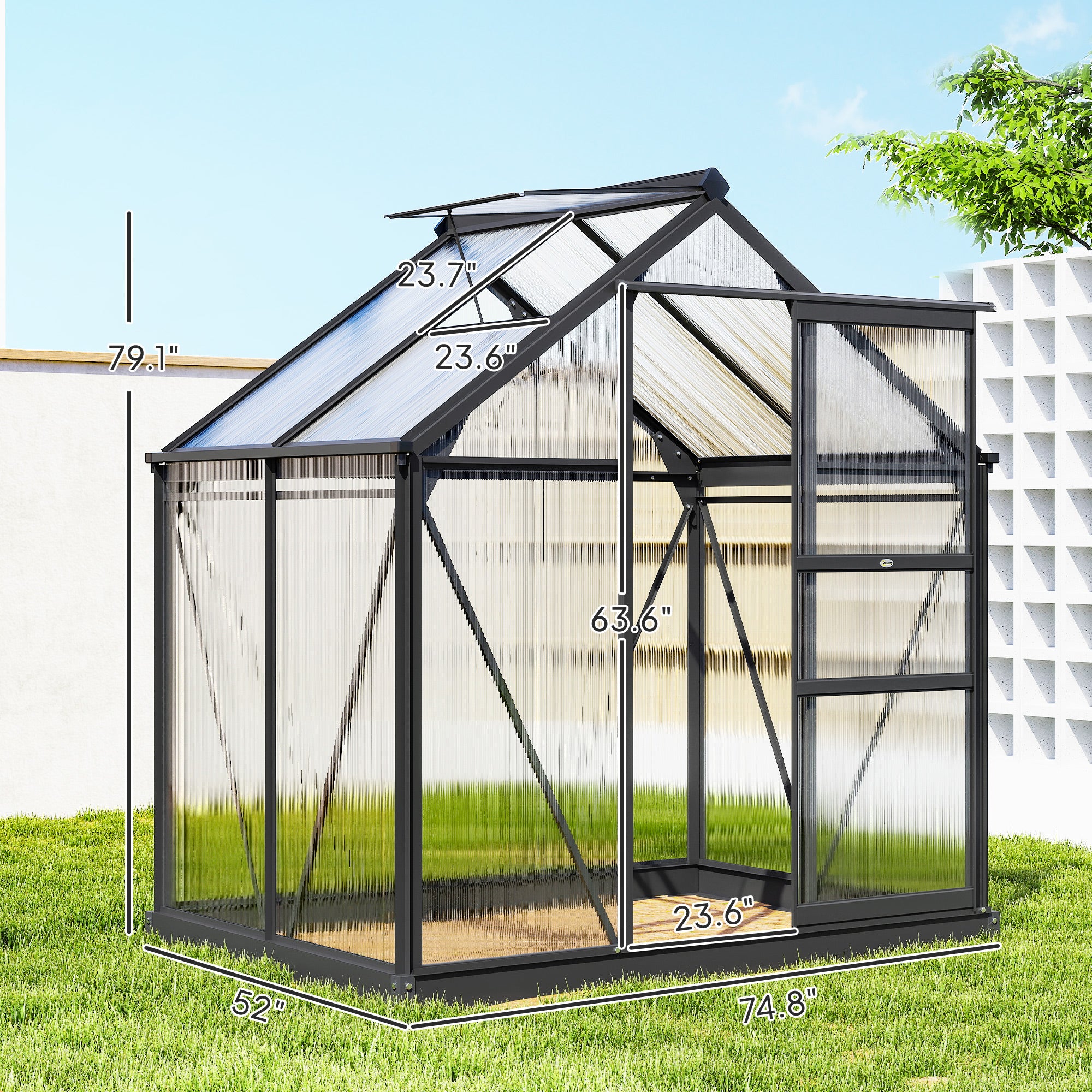 Polycarbonate Greenhouse, Heavy Duty Outdoor Aluminum Walk-in Green House Kit Vent Door, 6.2'x4.3'x6.6' Gray