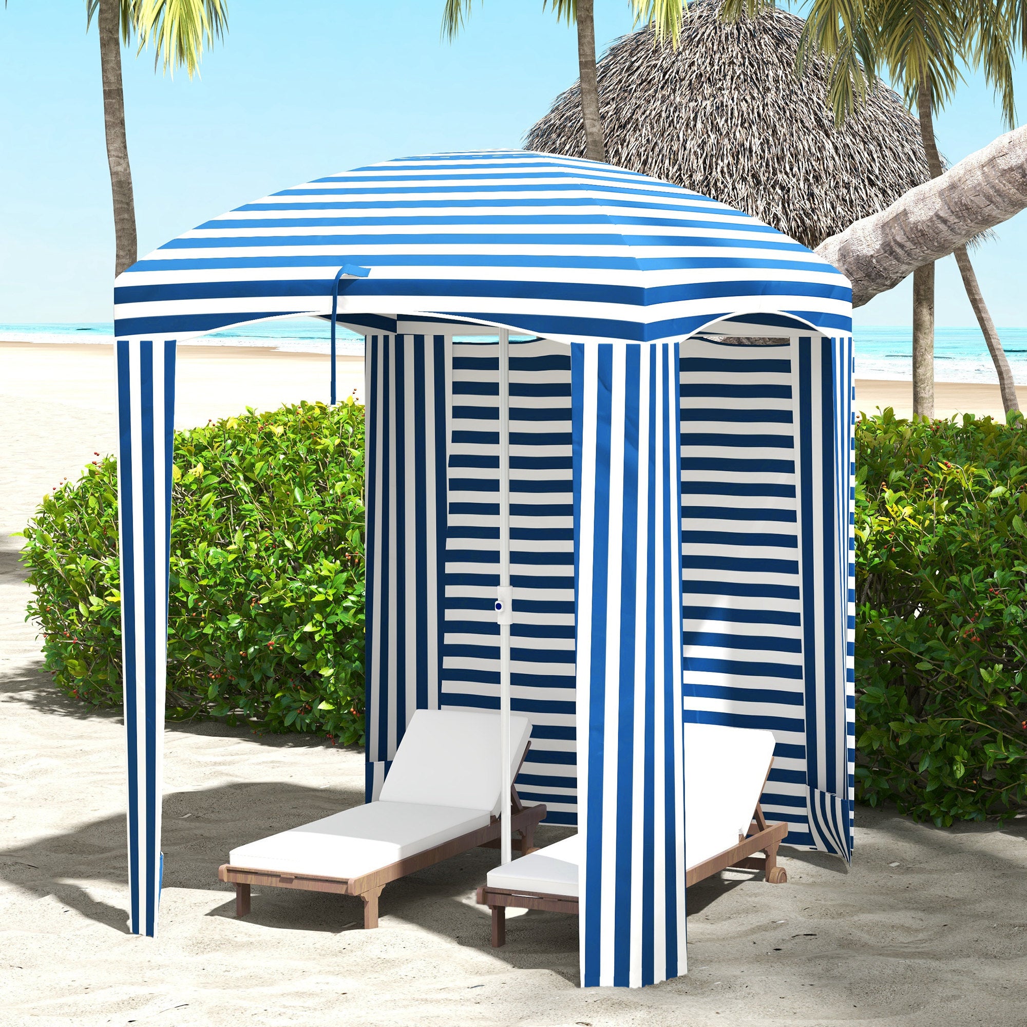5.8' x 5.8' Cabana Umbrella with Walls, Vents, Ruffles, Carry Bag, Beach Umbrella, Blue White Stripe