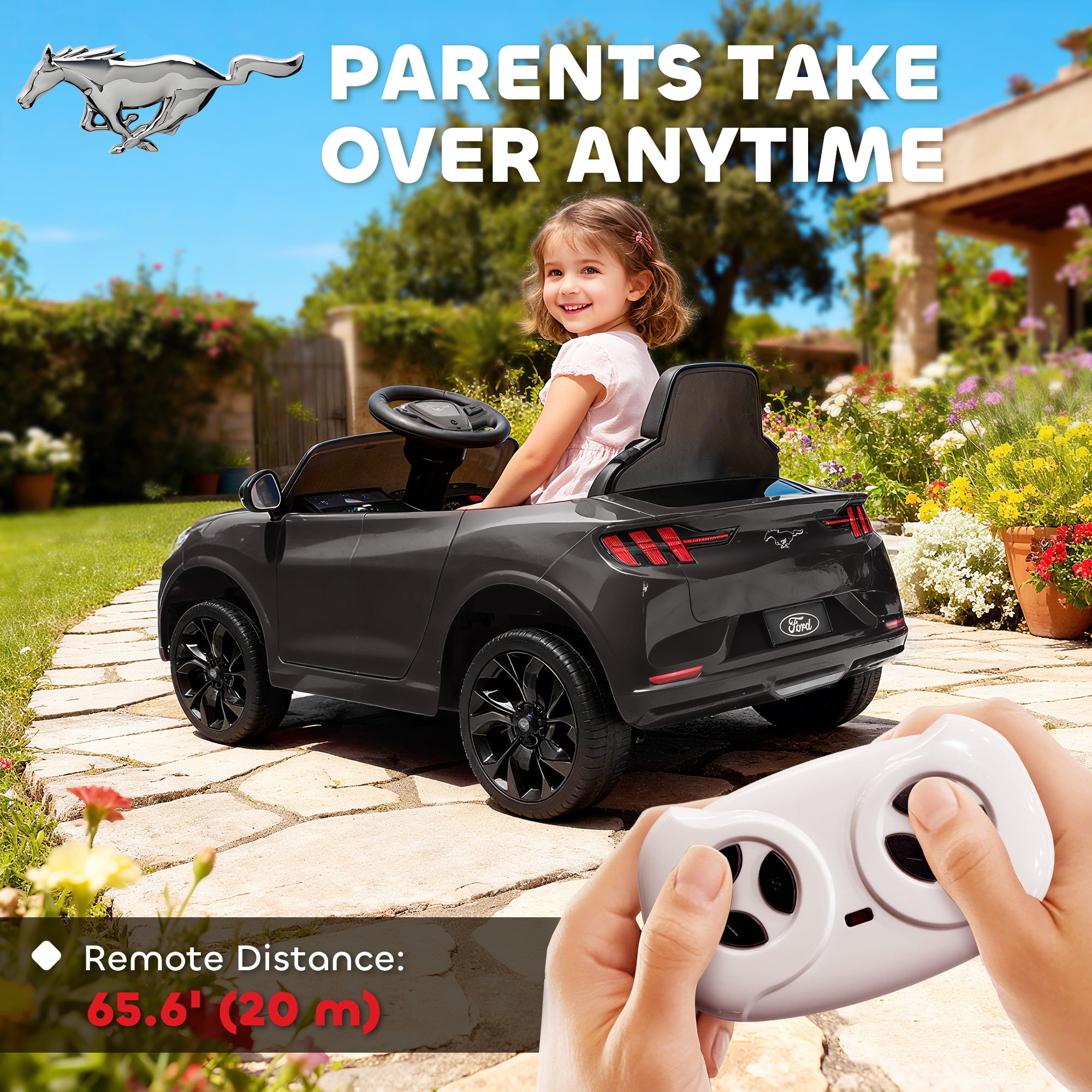 12V Kids Ride On Car, Licensed Mach-E Electric Car with Remote Control, LED Light, Music, Black