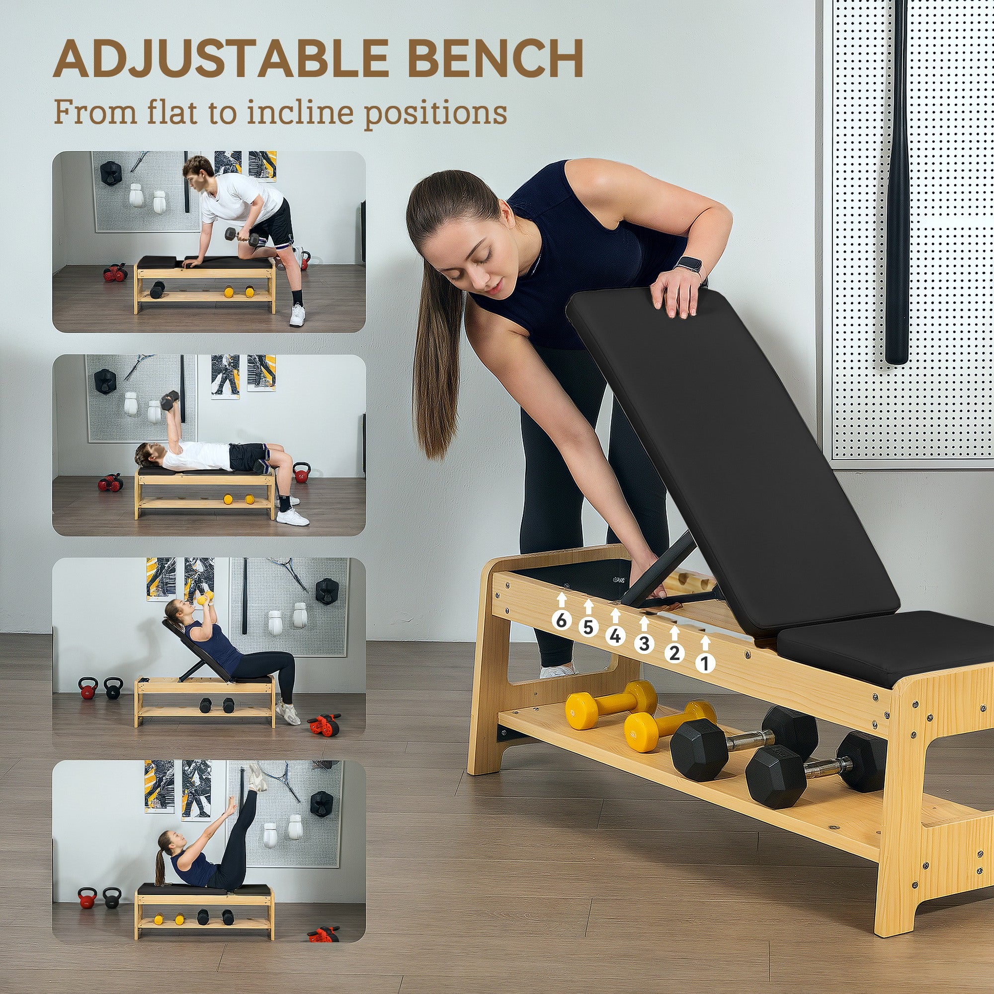 Wooden Adjustable Weight Bench with Dumbbell Rack, Flat or Incline Workout Bench for Home Gym Weight Lifting, Black