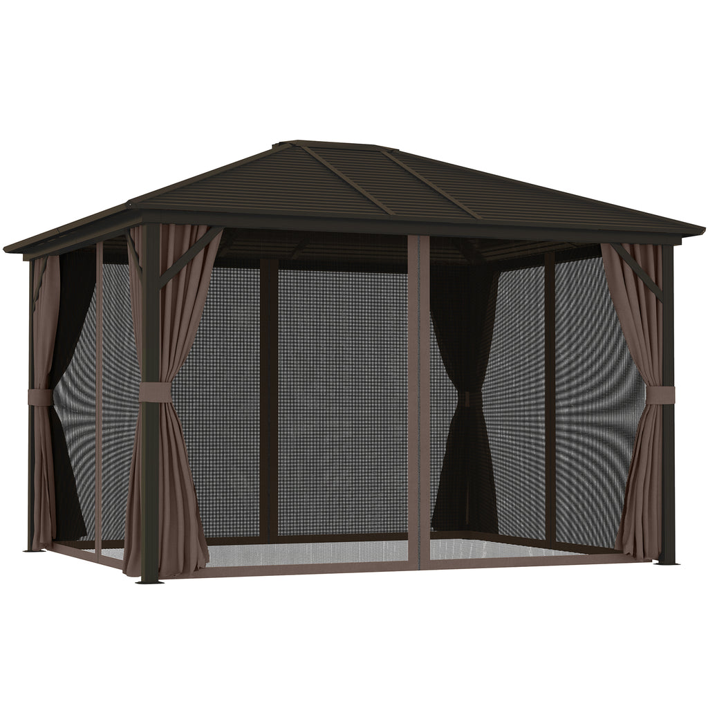10' x 12' Hardtop Gazebo with Curtains and Netting, Gazebo Canopy with Aluminum Frame and Hooks, Coffee
