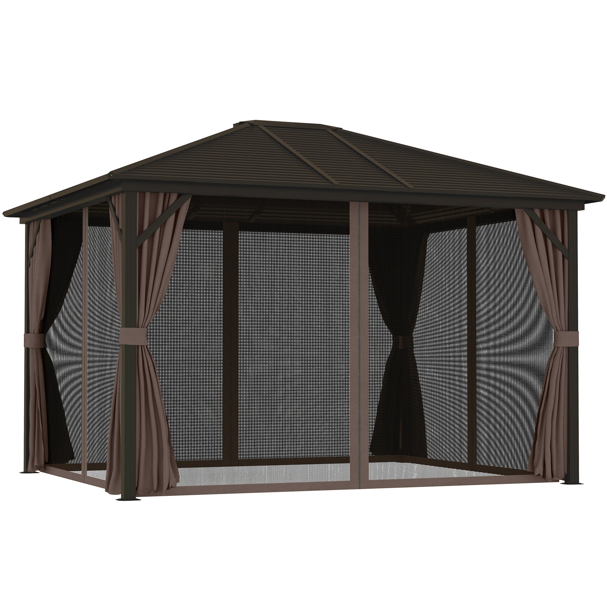 10' x 12' Hardtop Gazebo with Curtains and Netting, Gazebo Canopy with Aluminum Frame and Hooks, Coffee