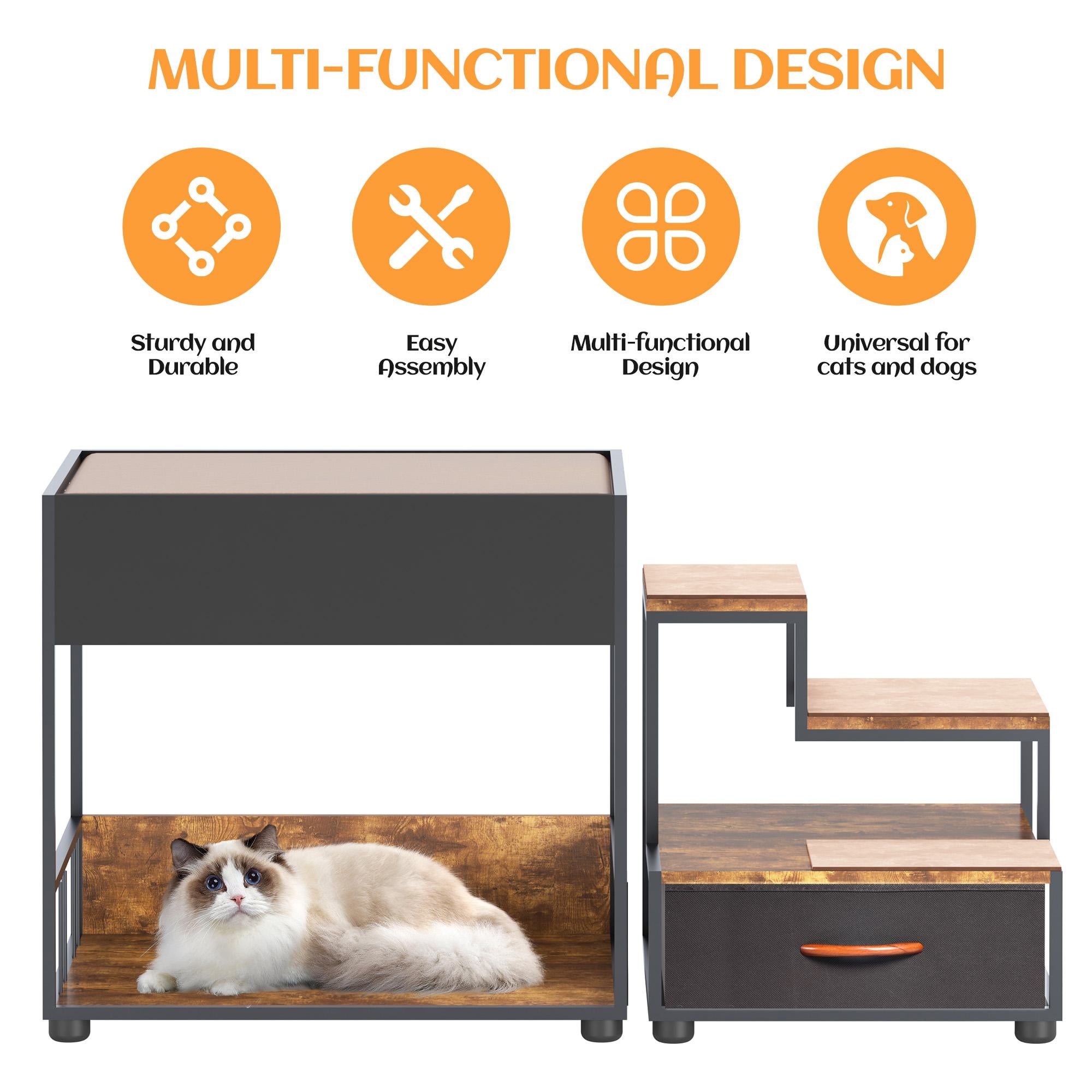 Dog Window Perch with Steps, Non-Slip Pad, Storage Drawer, and Sponge Cushion, Pet Bunk Bed, 47.5" L x 20" W x 25.5" H, Black+Vintage