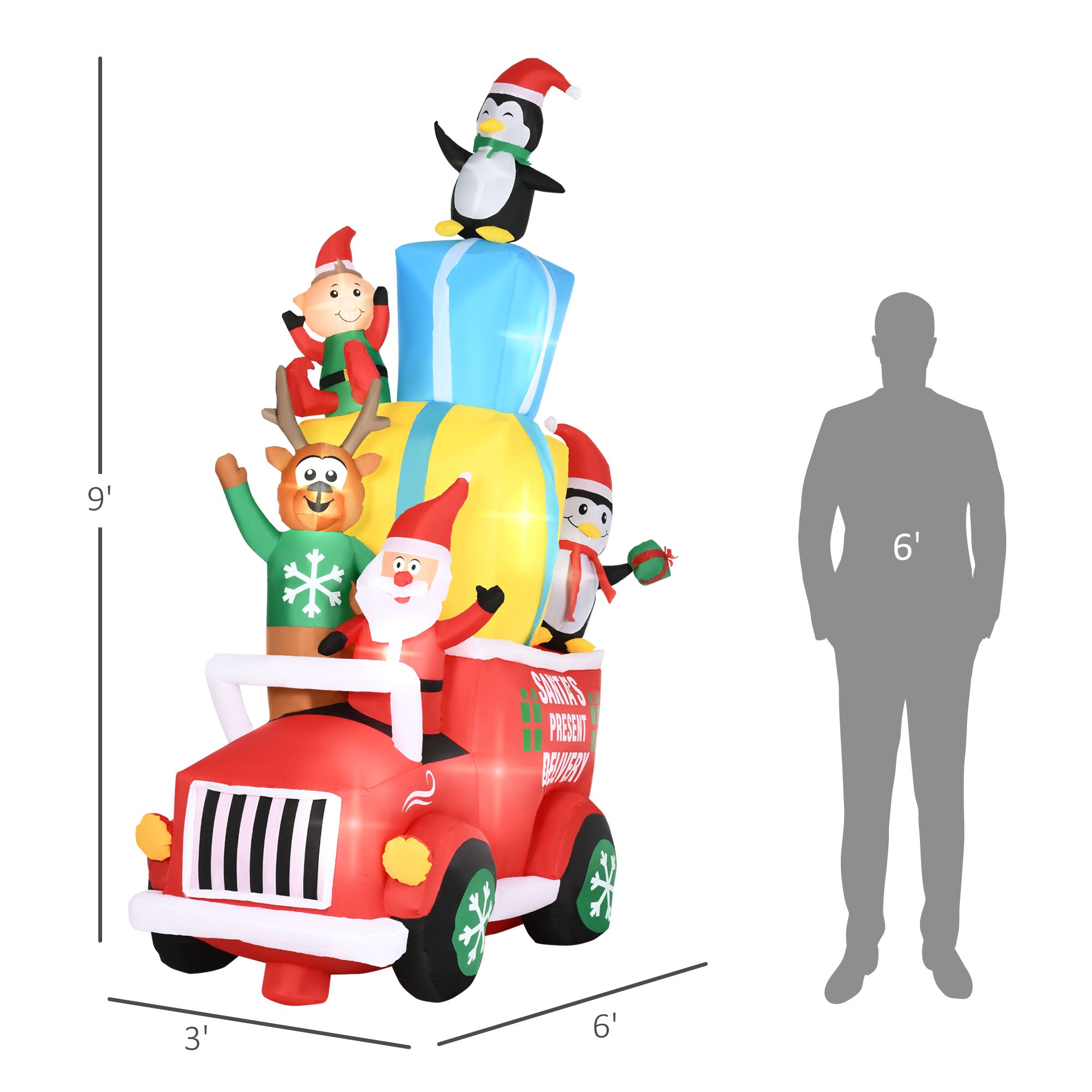 9ft Christmas Inflatables Outdoor Decorations Santa Claus Drives a Gift Car with Elk, Elf and Two Penguins, Blow-Up LED Yard Christmas Decor for Garden, Lawn
