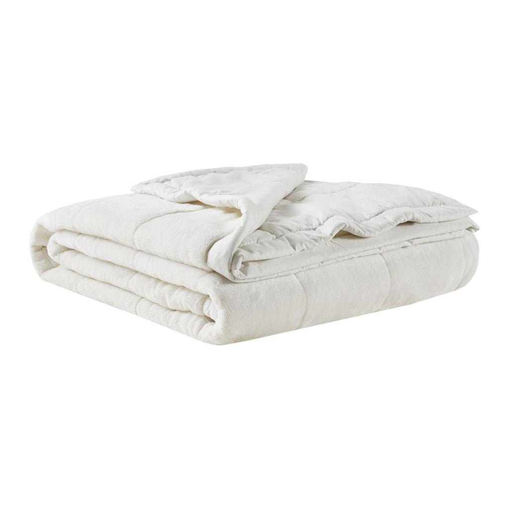 Reversible Smart Temperature Down Alternative Blanket with Plush to Microfiber, OEKO-TEX Certified, for Any Season, 90" L x 90" W x 0.25" H, Ivory