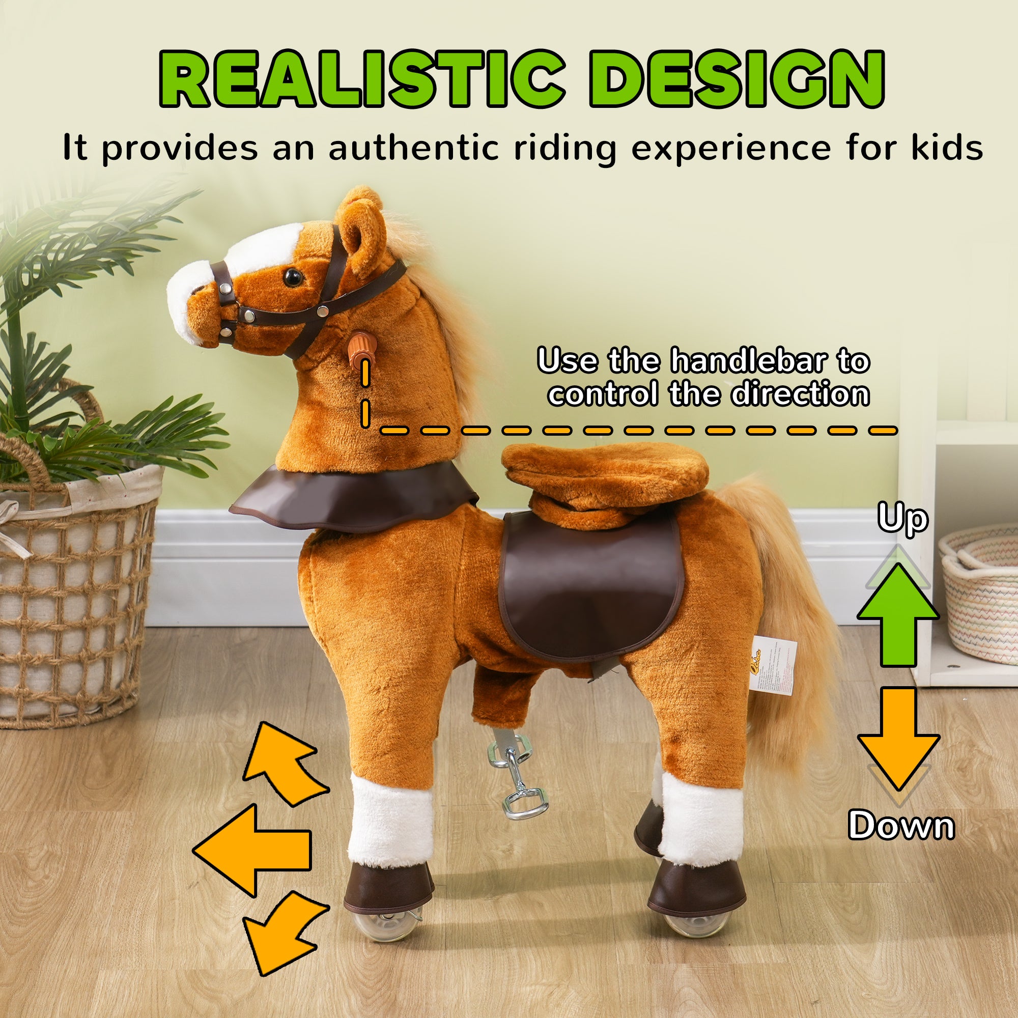 Ride on Horse, Plush Riding Pony for Ages 3-5, Walking Horse Animal with Wheels Neighing for Active Play, Brown