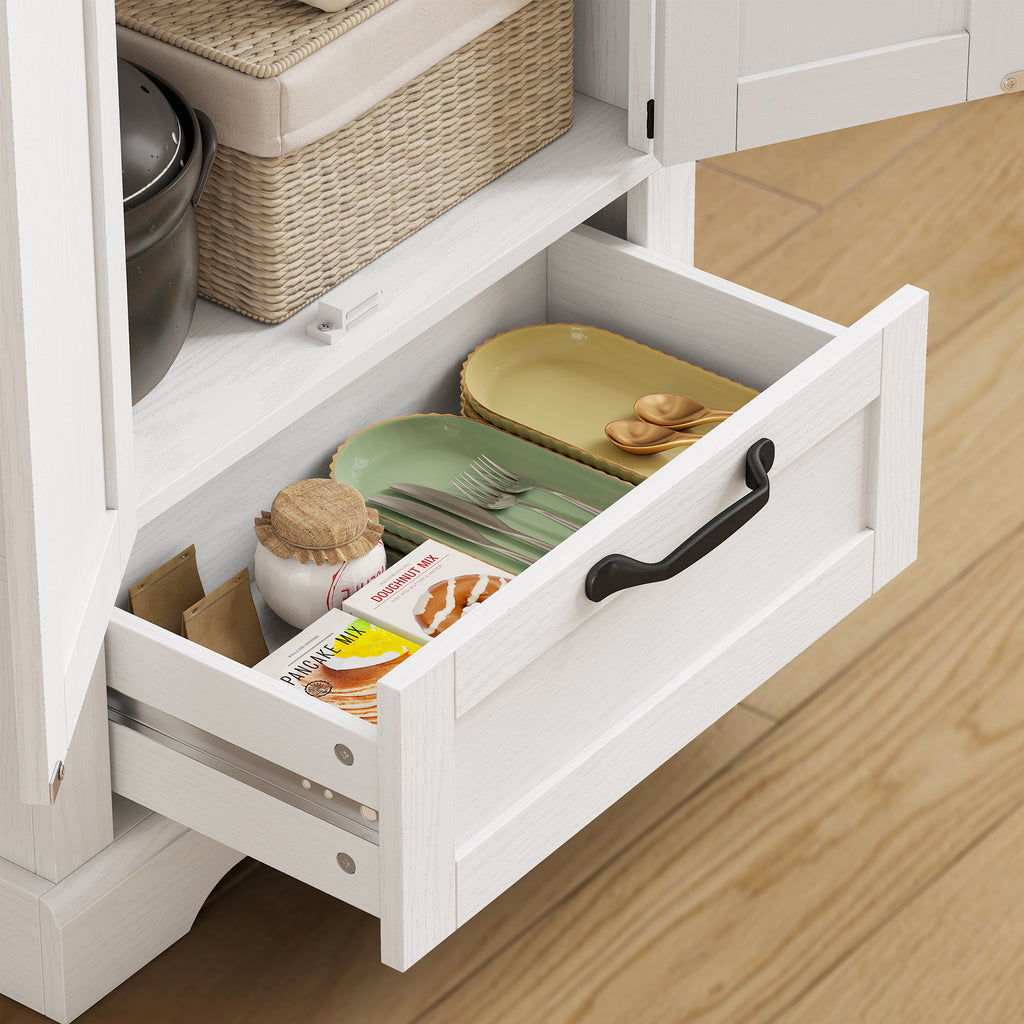 71" Pantry Cabinet, Kitchen Storage Cabinet with Adjustable Shelves, Barn Doors and Drawer for Dining Room, White