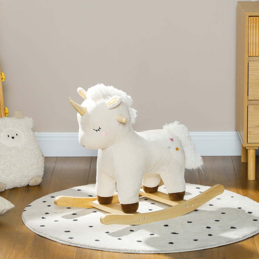 Kids Rocking Horse, Ride on Unicorn with Realistic Sounds & Wooden Base for Years 2-4, White