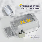 2 Pack Stainless Steel Litter Box with Metal Scoop & Scoop Holder, High Sided, Anti-Urine Leakage, Non-Sticky