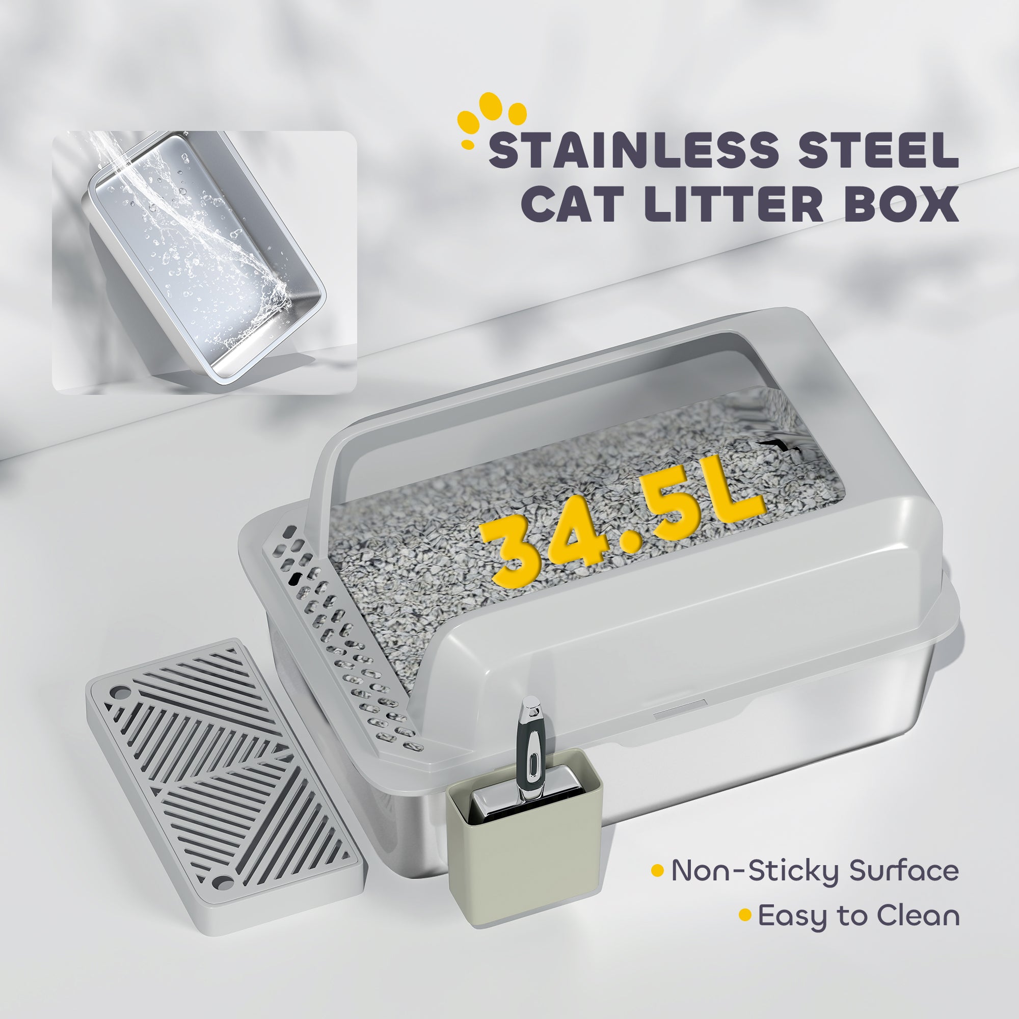 2 Pack Stainless Steel Litter Box with Metal Scoop & Scoop Holder, High Sided, Anti-Urine Leakage, Non-Sticky