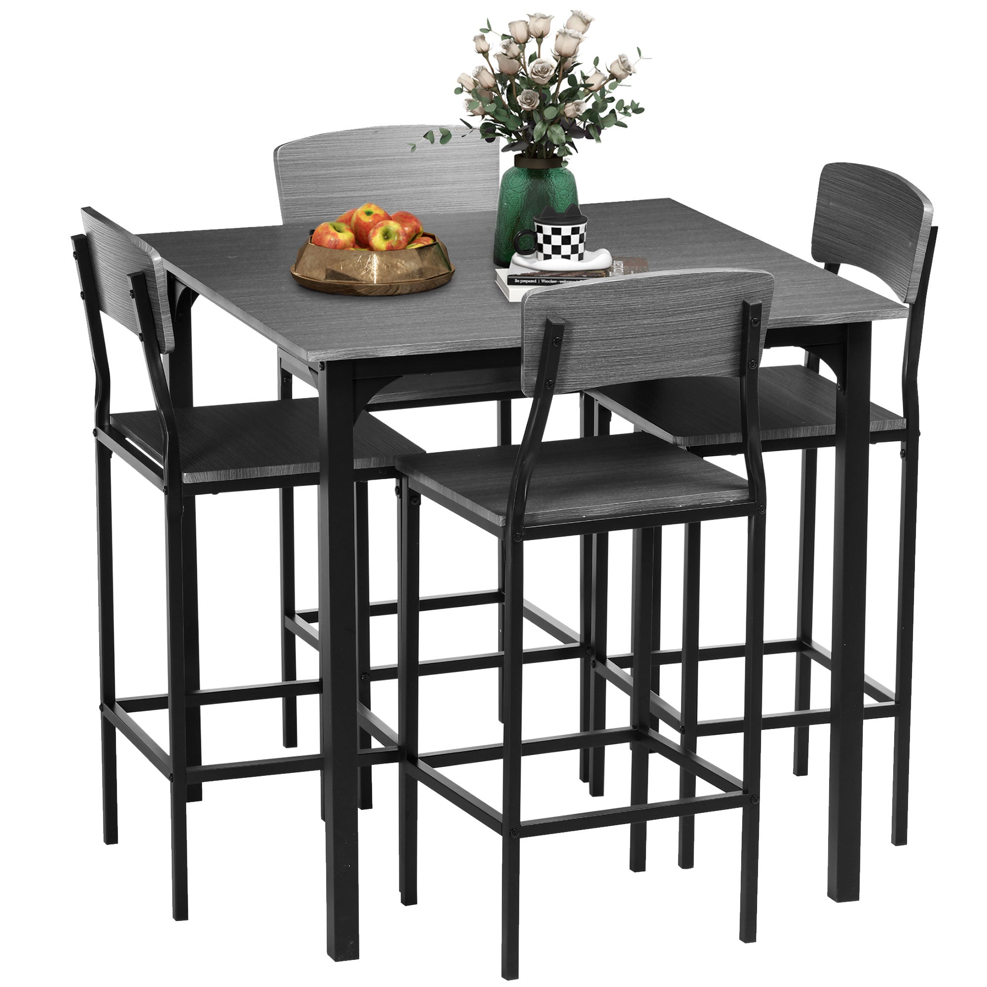 5-Piece Counter Height Bar Table with Space-Saving Design, Square Kitchen Table and Chairs Set with Footrest, Metal Legs, Industrial Dining Table Set for 4, Gray