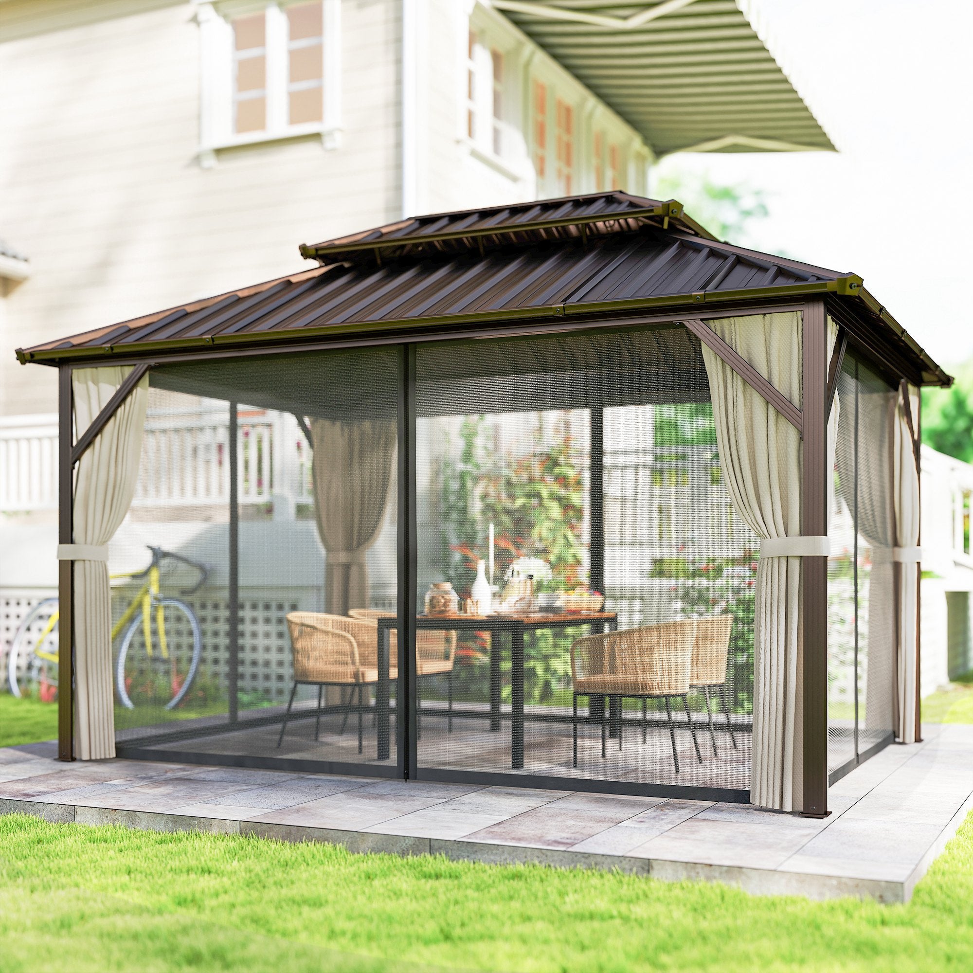 10' x 14' Hardtop Gazebo with Double Galvanized Steel Roof Canopy, Aluminum Frame Permanent Gazebo, Brown